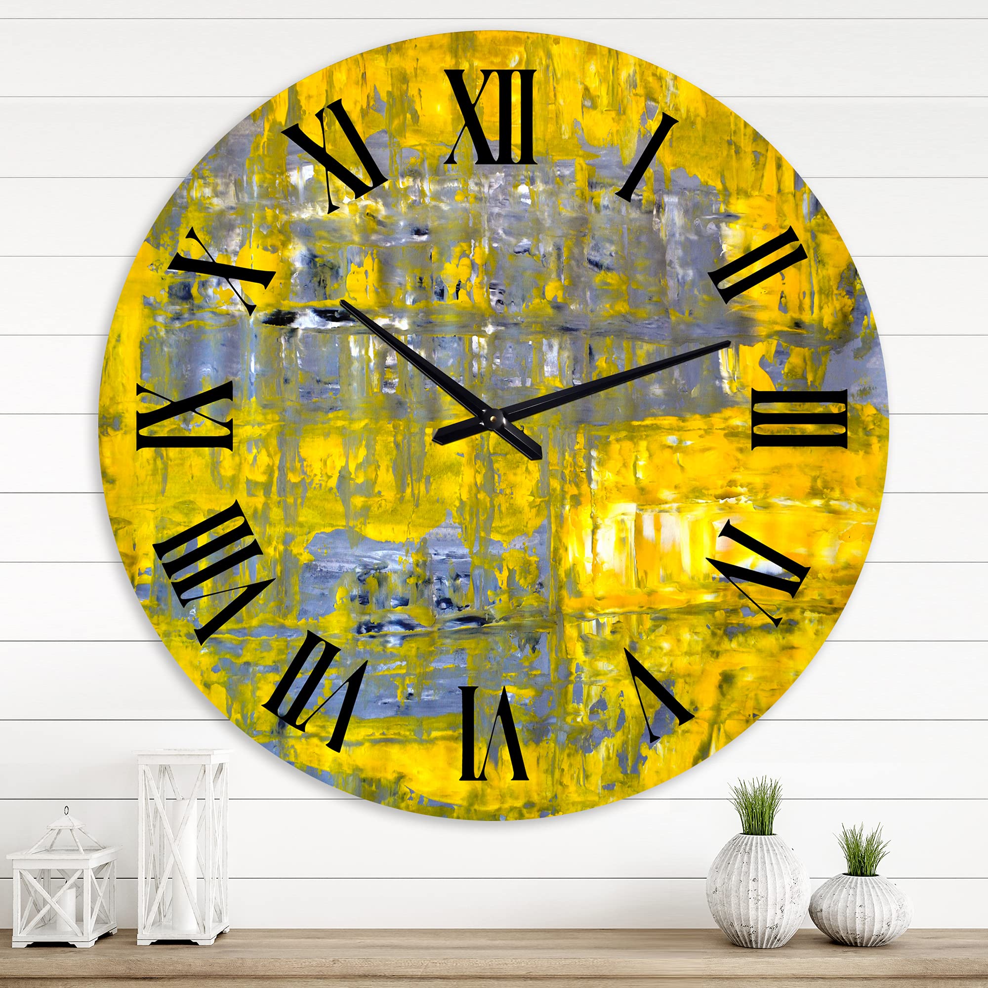 DesignQ Modern Abstract Wall Clock - Yellow & Grey Fractal Art for Kitchen, Living Room, Office Decor | Large Silent Non-Ticking Contemporary Clock for Home & Office Spaces