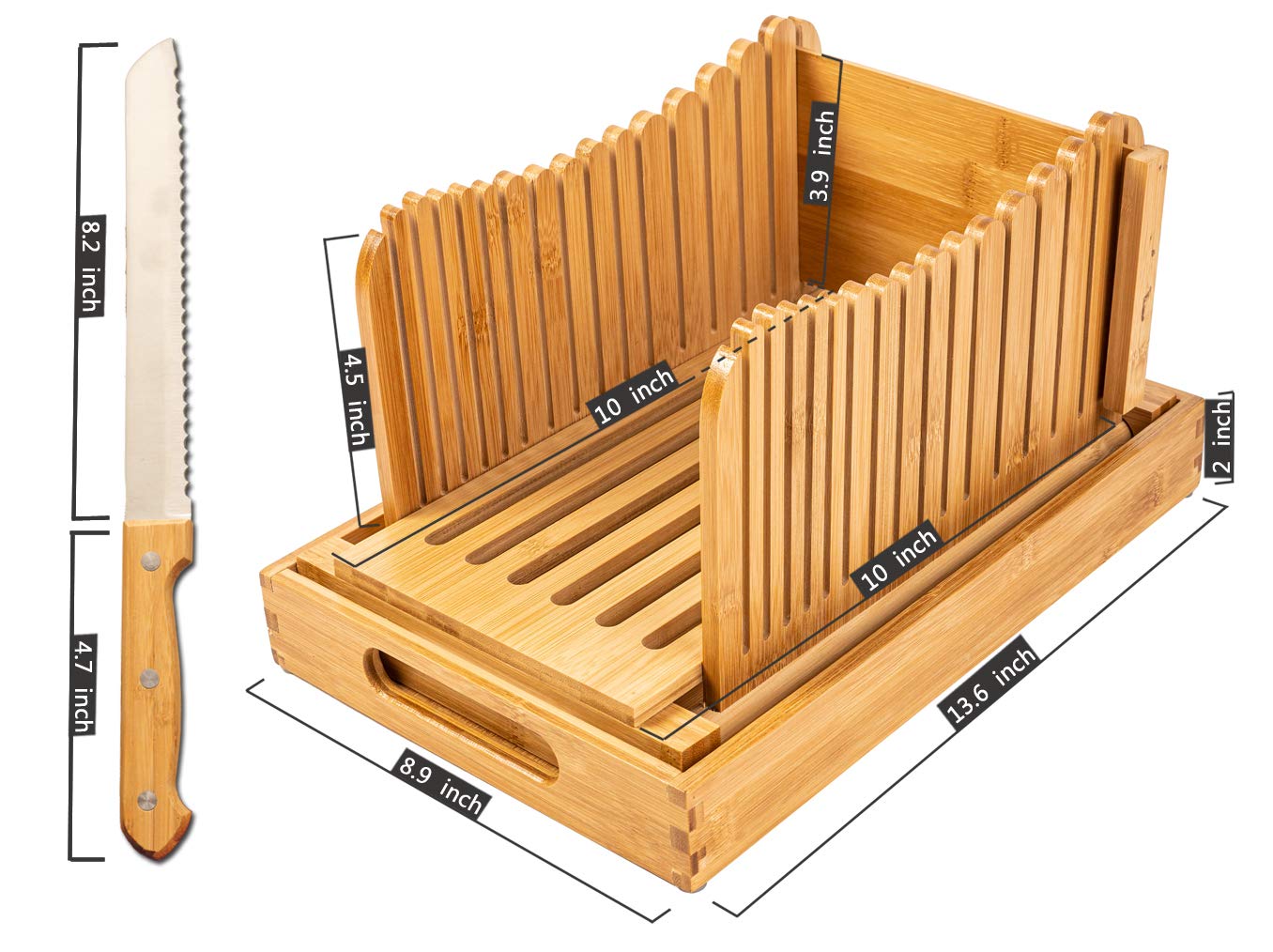 Premium Bamboo Bread Slicer with Crumb Tray - Adjustable 3-Size Bread Cutter for Homemade Bread, Loaf Cakes & Bagels - Compact Foldable Design for Easy Storage - Perfect for Kitchens, Bakeries & Breakfast Prep