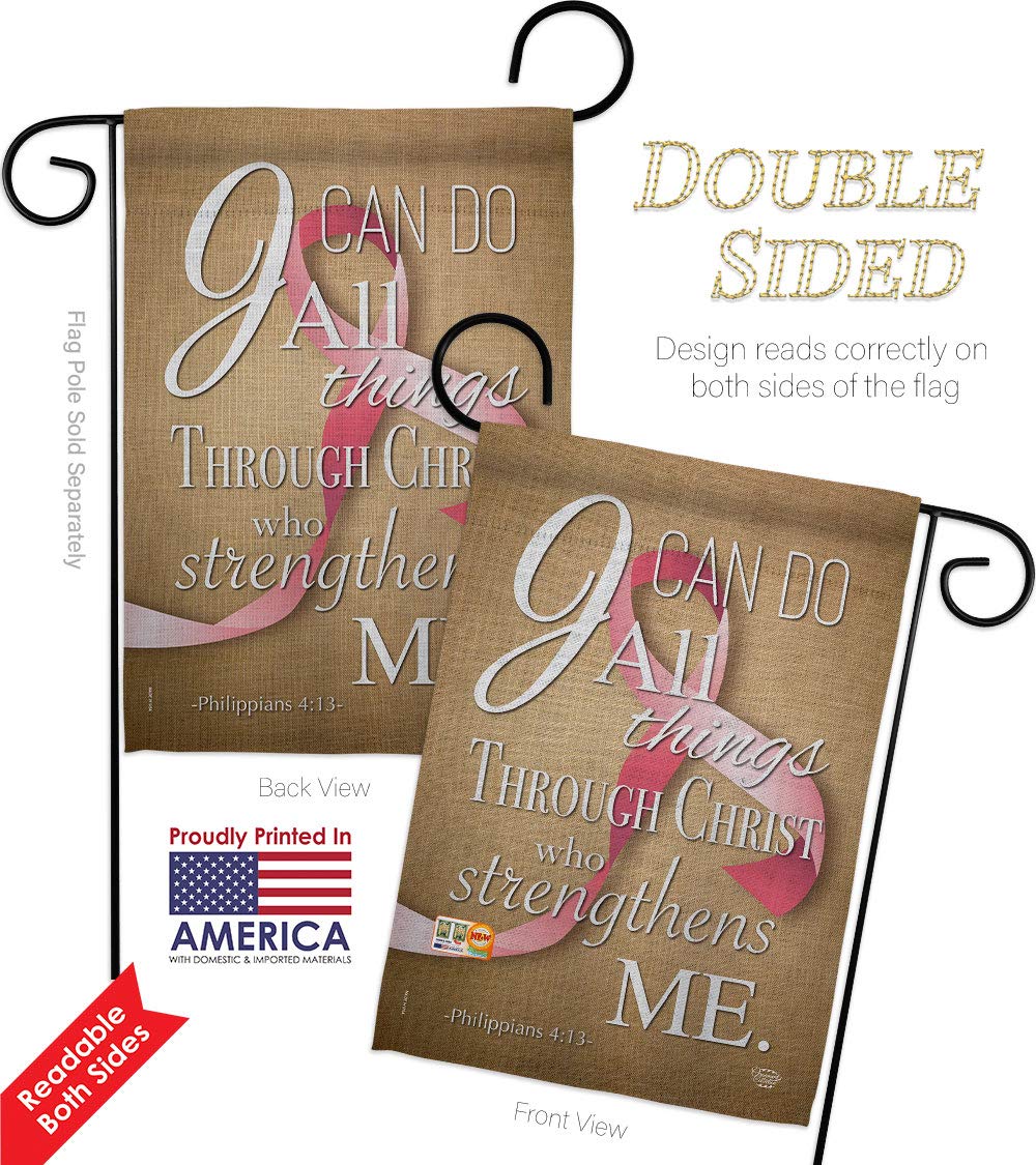 Christian Garden Flag Set - 'I Can Do All Things Through Christ' Pink Ribbon Inspirational Double Sided Vertical 13x18.5 Inch with Metal Wall Bracket - Perfect for Front Yard Decor, Church Events & Faith-Based Home Decorations