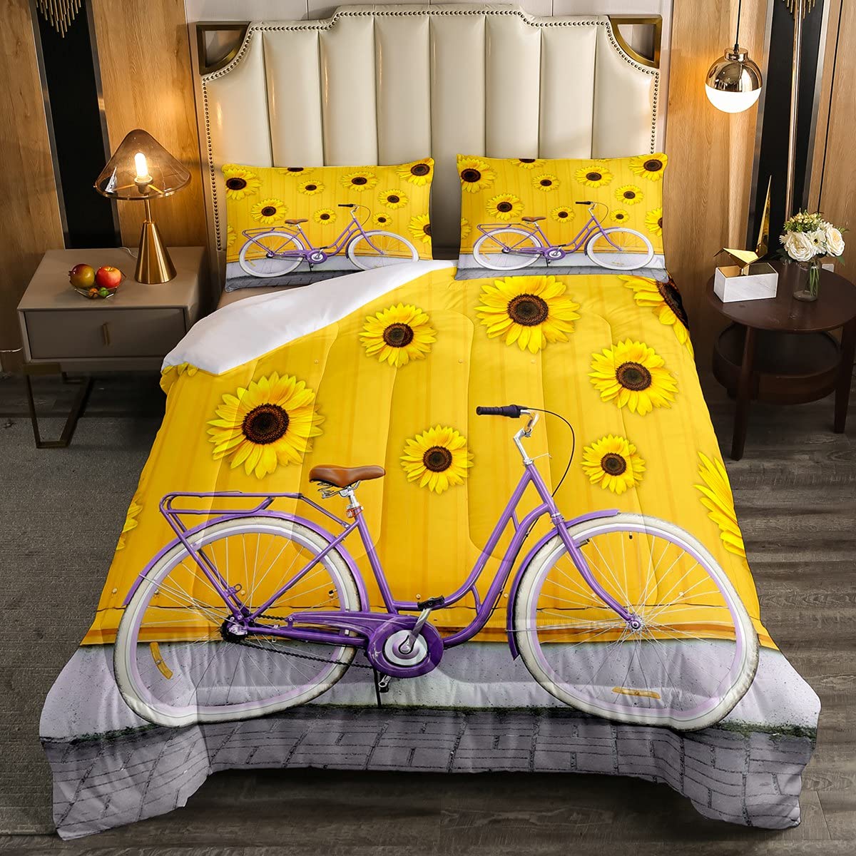 Erosebridal Sunflower Comforter Set Full Size - Bright Yellow Floral Duvet Cover with Purple Bicycle Print - Farmhouse Style Bedding for Girls & Teens - Perfect for Spring Decor, Guest Rooms & Cozy Bedroom Makeovers
