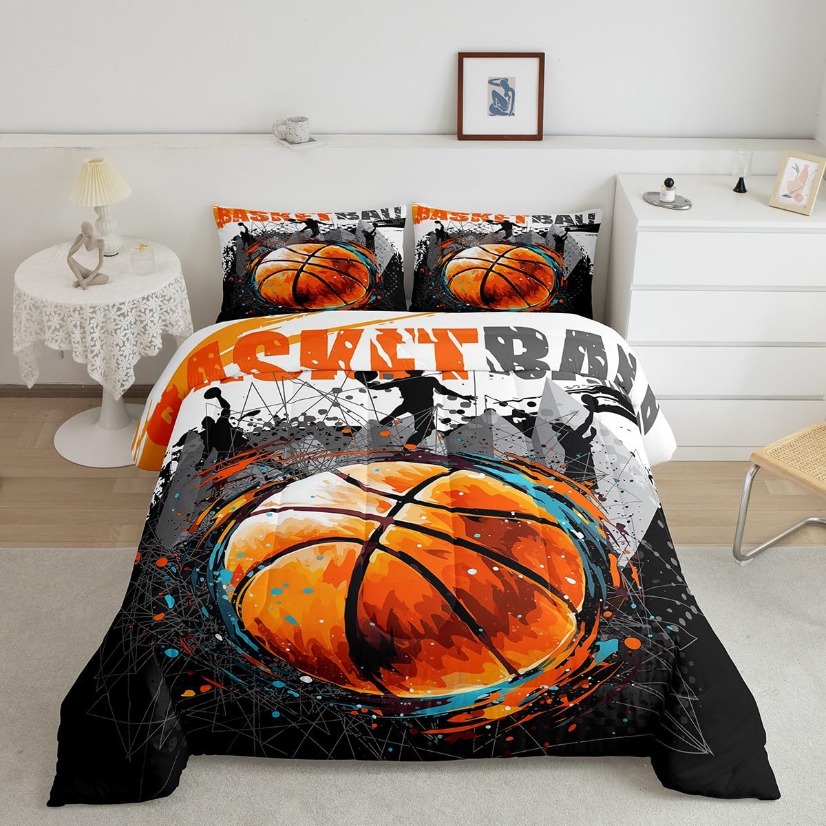 Basketball Comforter Set Queen Size - Sports Themed Bedding for Boys, Kids & Adults - Lightweight, Warm & Soft Comforter with 2 Pillow Cases - Perfect for Game Room Decor, Teen Bedroom & Sports Lovers