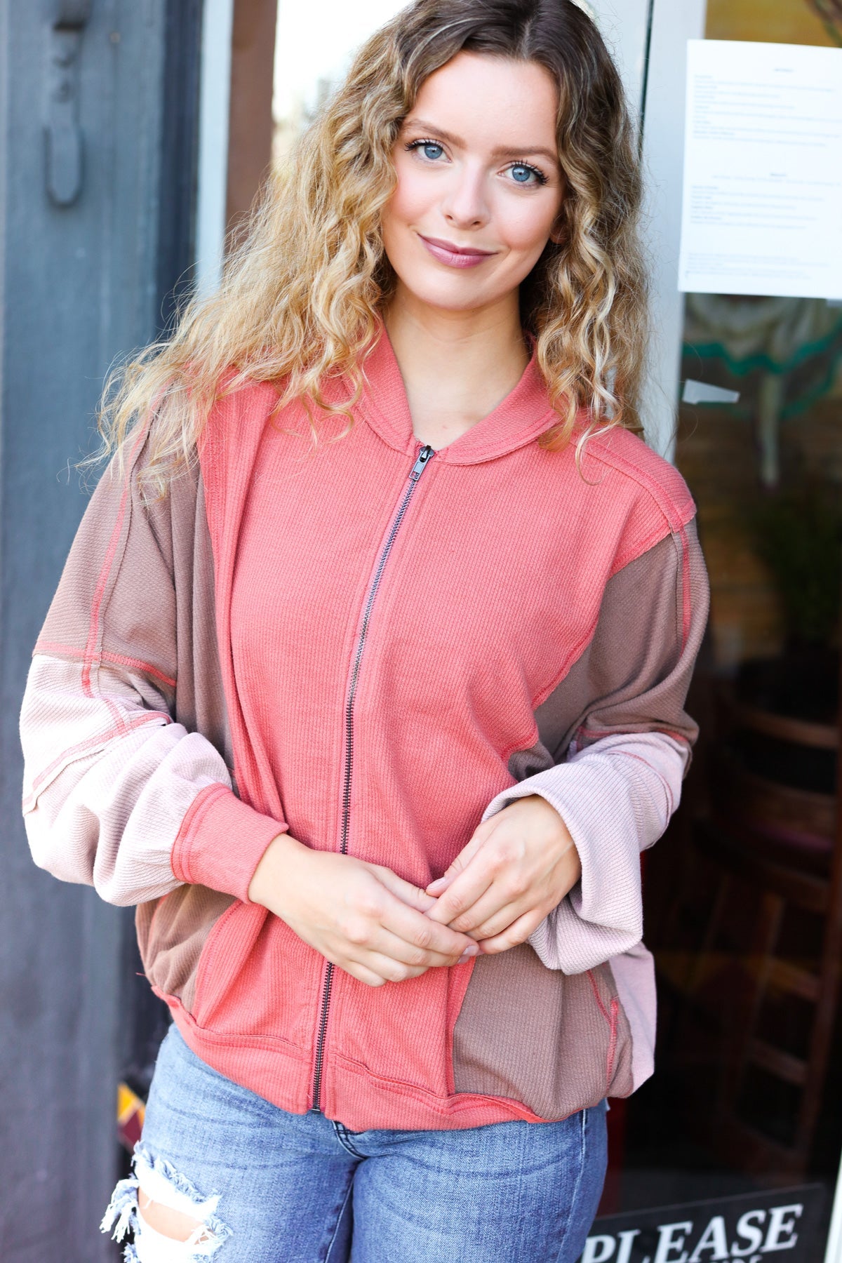 Boldy You Women's Camel Dolman Sleeve Colorblock Knit Bomber Jacket | Cozy Fall Outerwear for Casual Outings & Street Style Fashion