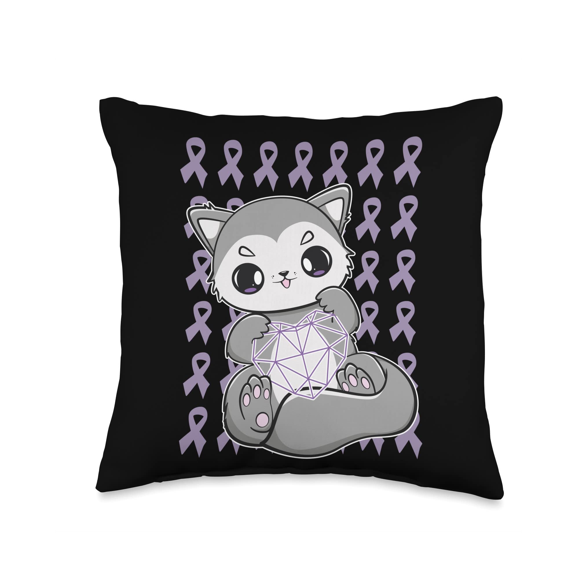Cute Wolf & Lavender Ribbon Cancer Awareness Throw Pillow 16x16 - Soft Multicolor Decorative Pillow for Living Room, Bedroom, or Office