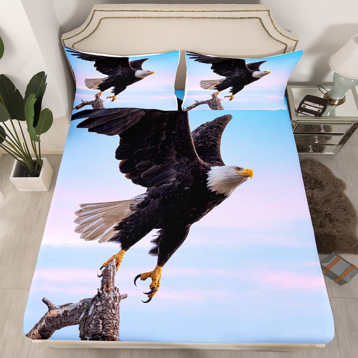 Manfei Eagle Print Microfiber Bedding Set - TwinXL Size (1 Fitted Sheet + 1 Pillowcase) - Kids Boys Animal Theme Bed Sheets with Flying Eagle Tree Stump Design - Perfect for Children's Bedrooms, Dorm Rooms & Sleepovers