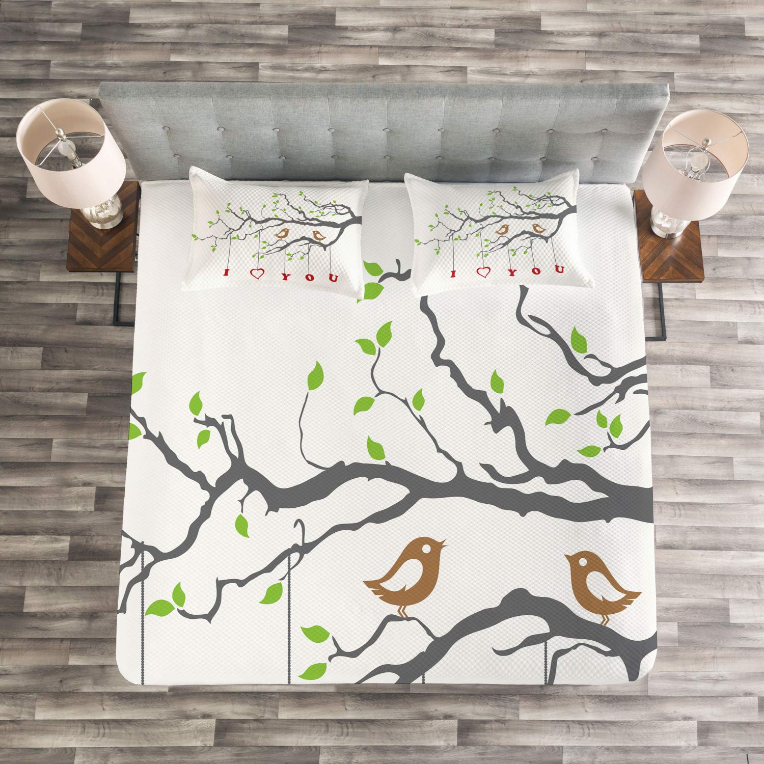 Ambesonne I Love You King Size Bedspread Set - 3 Piece Romantic Love Birds on Tree Branch Art Print Bedding with 2 Pillow Shams in Grey Red Fern Green | Spring Inspired Bedroom Decor for Couples & Master Suite
