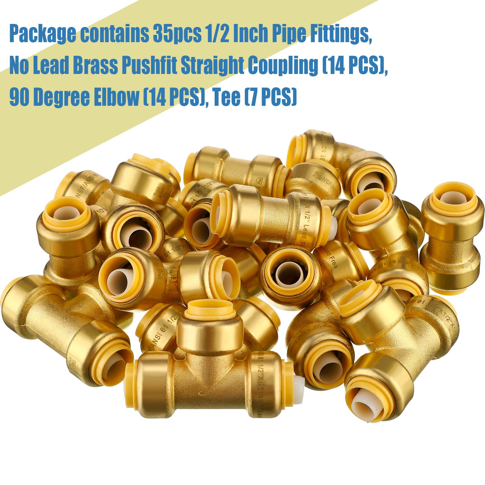 35 Pieces 1/2 Inch Push to Connect Brass Plumbing Fittings Kit - 14 Straight Couplings, 14 Pcs 90 Degree Elbows & 7 Tee Push Fit Connectors for Copper PEX CPVC Pipe - Perfect for DIY Plumbing Repairs and Water Supply Installations