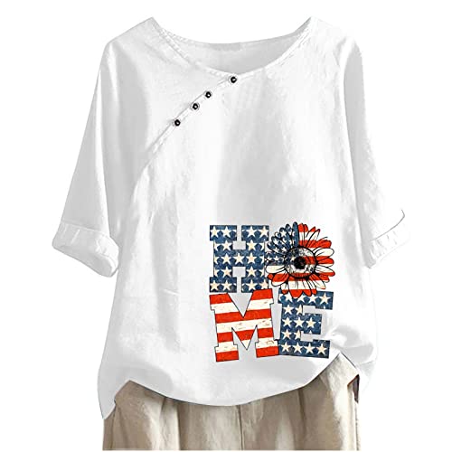 Women's Spandex V-Neck Floral Printed T-Shirt - Half Sleeve Side Button Casual Top for Independence Day & Summer | Perfect for Outdoor Events, Beach Vacations & Daily Wear (White, Medium)