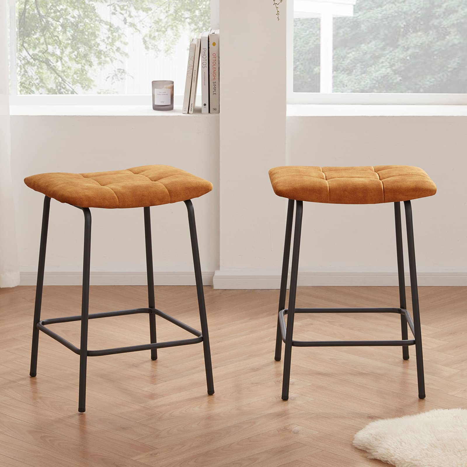 Duhome 24 Inch Square Tufted Velvet Bar Stools Set of 2 - Backless Counter Stool with Footrest for Kitchen Island, Dining Bar, Breakfast Nook - Yellow
