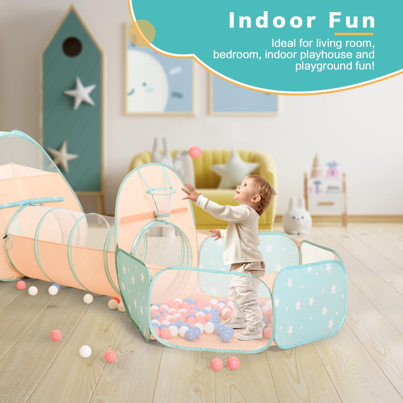 SISTICKER 3-in-1 Kids Play Tent with Ball Pit & Play Tunnel - Indoor/Outdoor Pop-Up Playhouse for Toddlers, Boys & Girls - Perfect for Birthday Gifts, Playrooms & Backyard Fun (Balls Not Included)