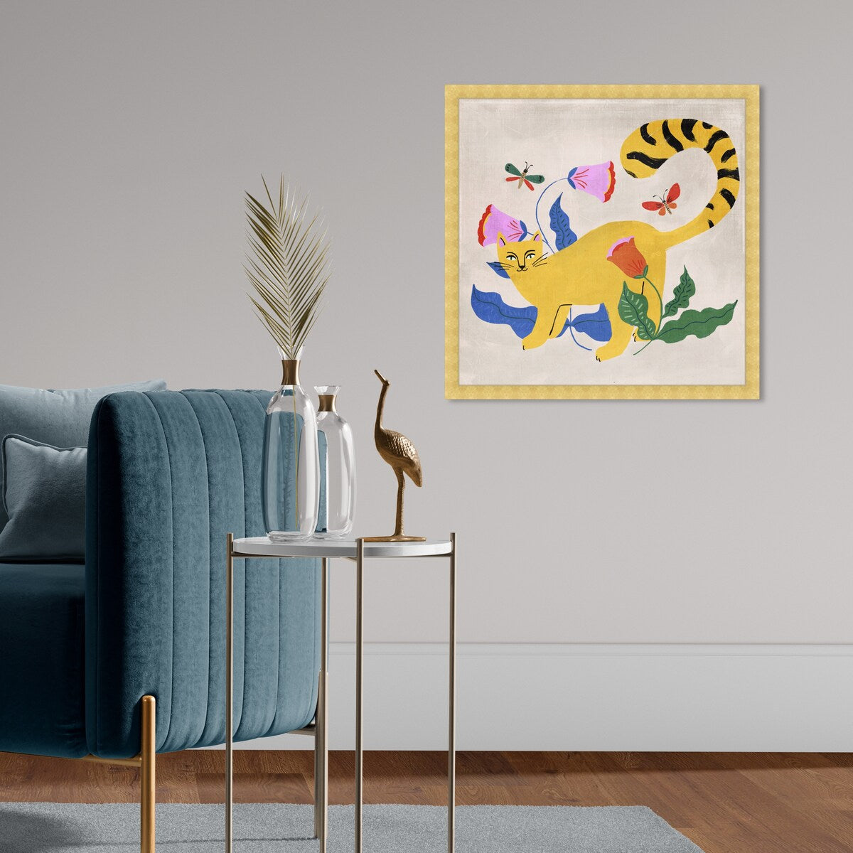 Blonde Tabby Floral Kitten Butterfly Garden Modern Yellow Framed Wall Art Print - Perfect for Bedroom, Nursery & Home Decor