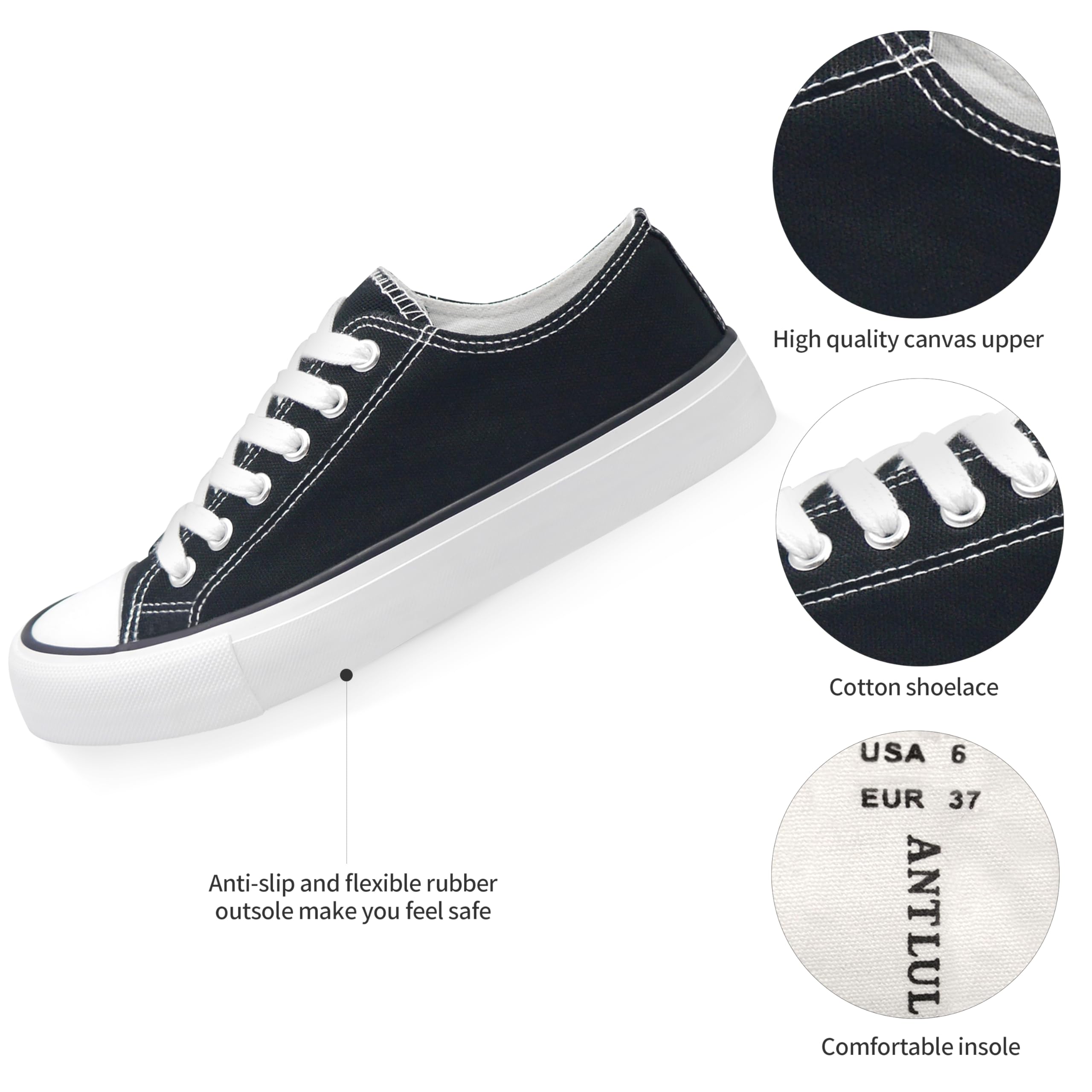 ANTLULU Women's Casual Canvas Sneakers - Low Top Lace Up Fashion Shoes in Black & White | Classic Style for Everyday Wear, Walking & Light Activities