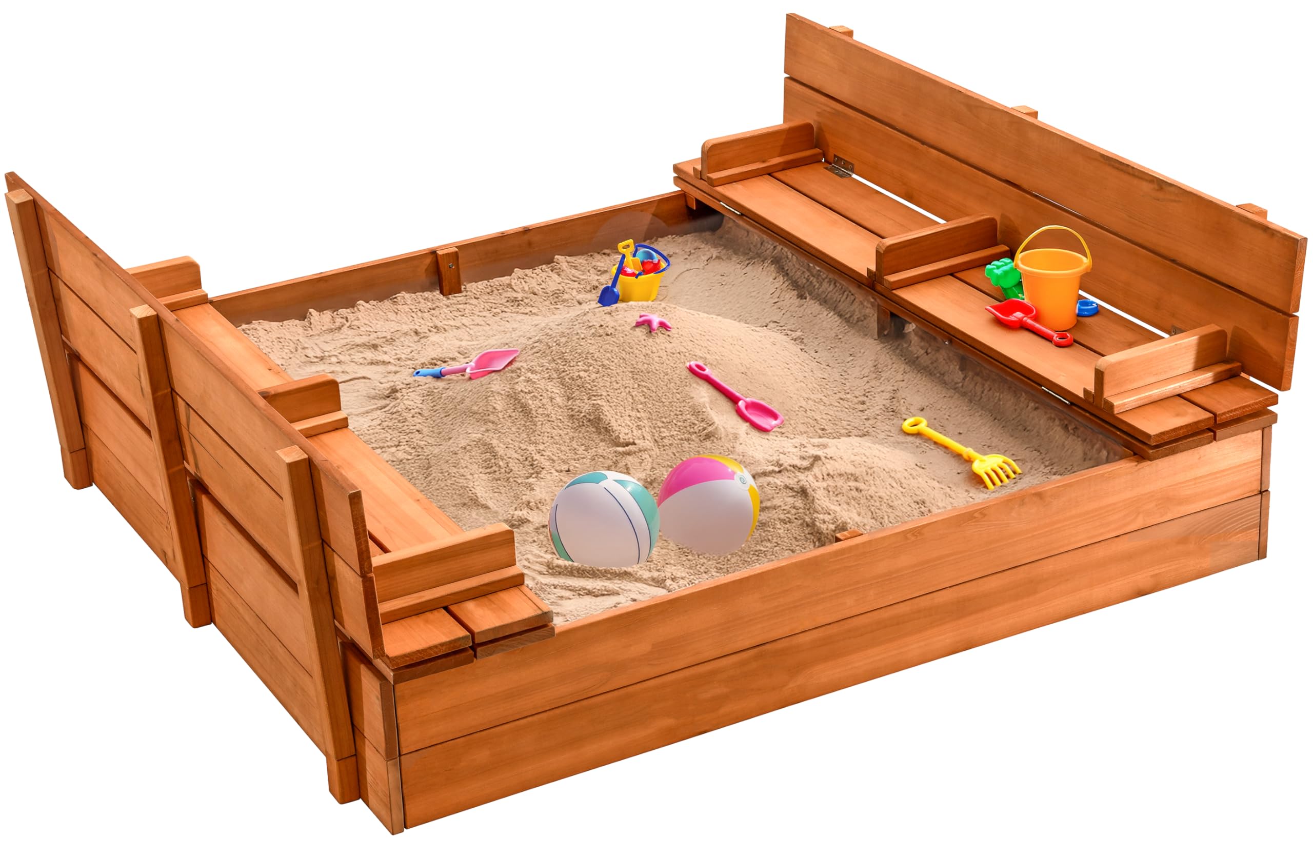Large Wooden Kids Sandbox with Lid – Outdoor Sand Box with Cover, Foldable Bench Seats & Bottom Liner – Perfect for Backyard, Garden & Playground Sand Play