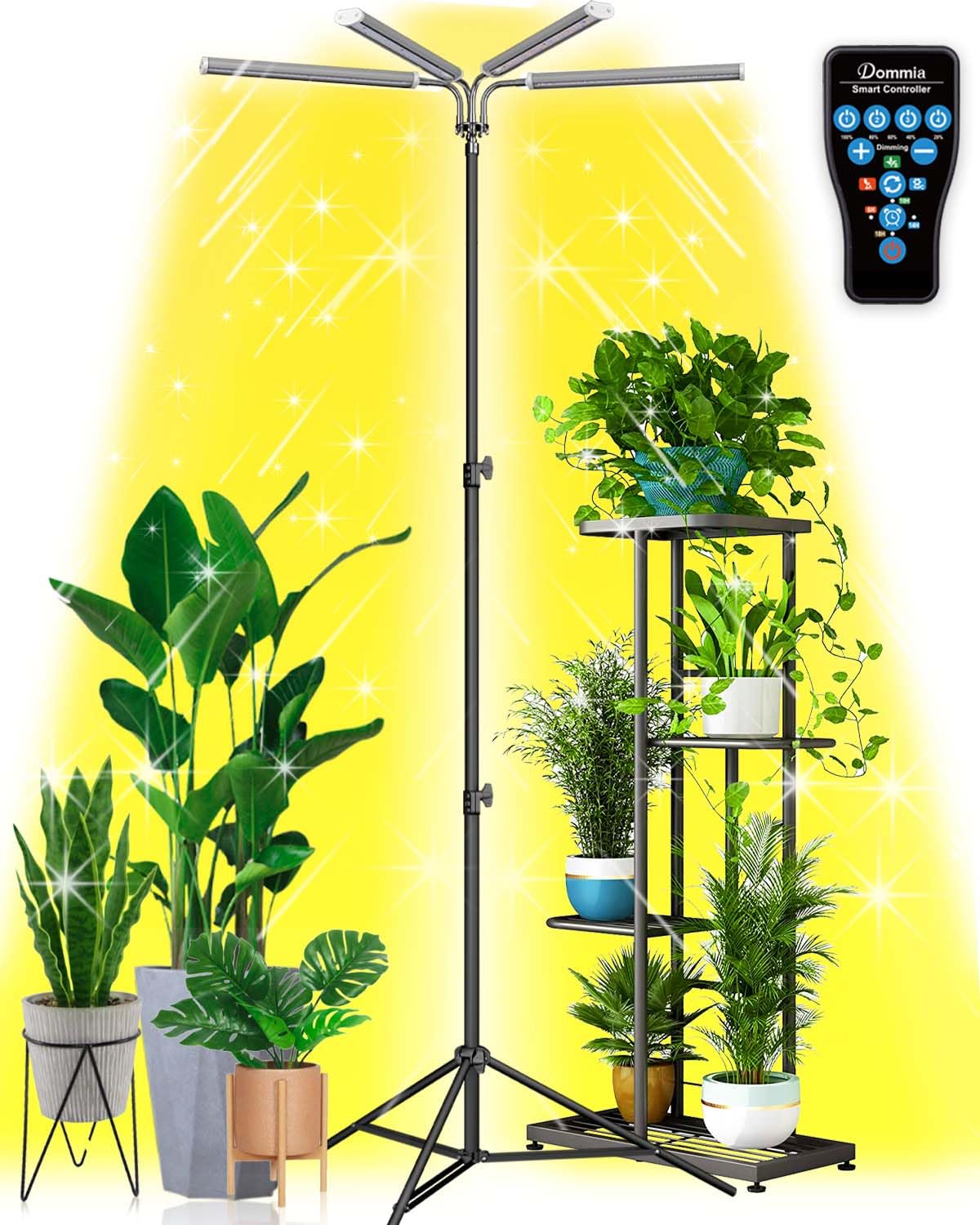 DOMMIA 100W Full Spectrum Grow Light with Adjustable Tripod Stand (15-105 Inch) - 3 Modes Dimmable Indoor Plant Light for Hydroponics, Greenhouse & Home Gardening - Auto Timer 6/10/14/18H for Seedlings, Flowers & Vegetables