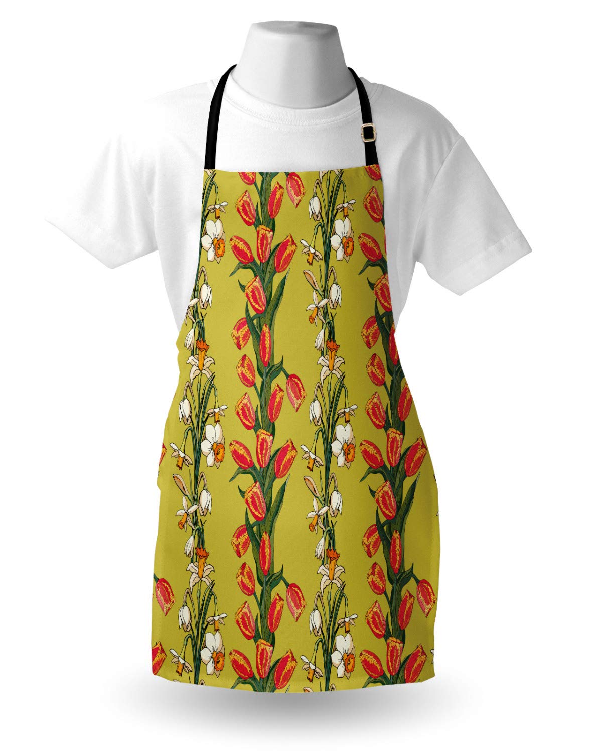 Ambesonne Floral Apron - Unisex Kitchen Bib with Adjustable Neck, Tulip & Daffodil Leafy Botanical Design in Khaki, Dark Coral, Olive Green & Orange - Perfect for Cooking, Baking, Gardening & BBQ - Adult Size