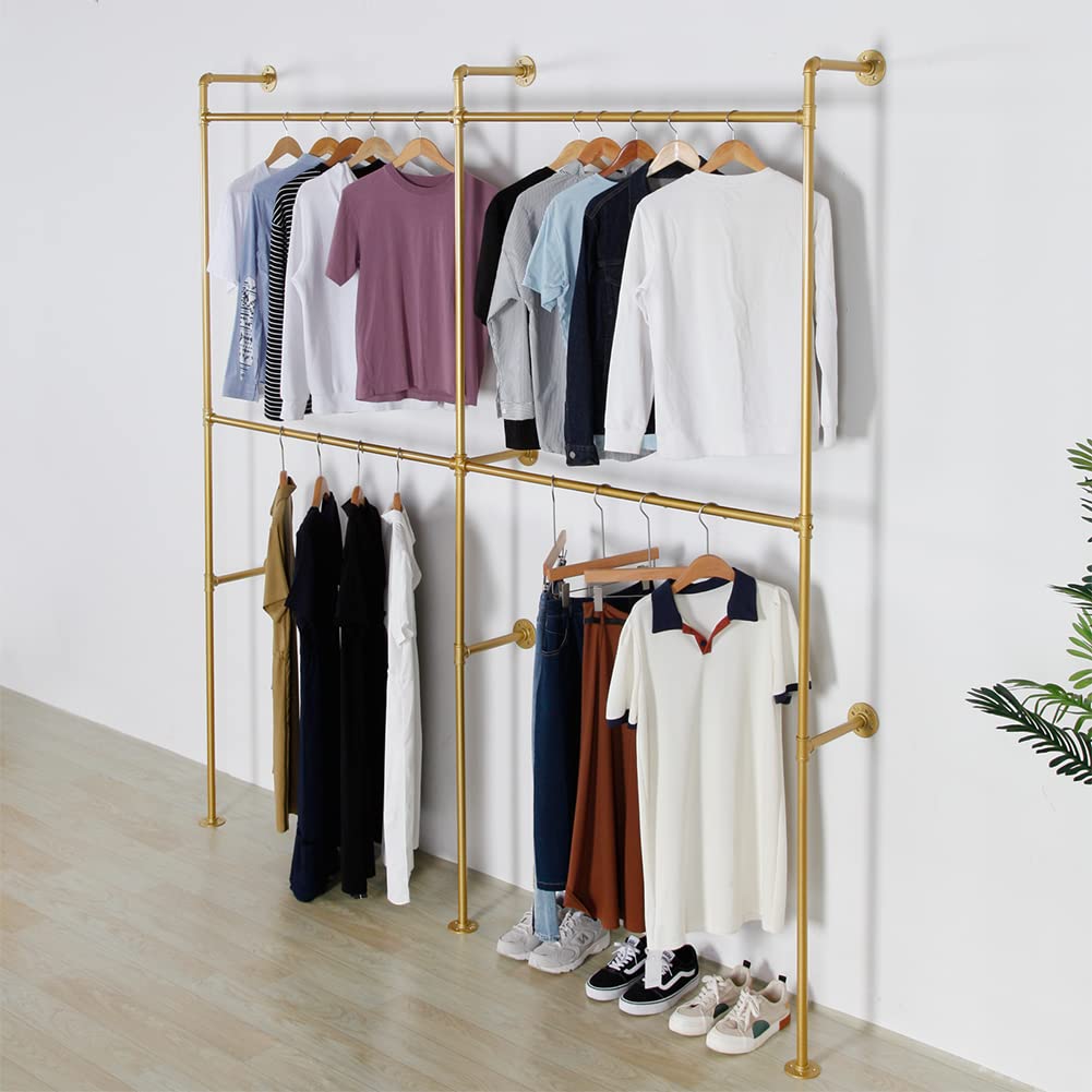 Heavy Duty Industrial Pipe Clothes Rack - 89.8 Inch Gold Metal Garment Rack for Clothing Store Display & Closet Storage - Wall Mounted Hanging Rod for Retail Shops, Boutiques, and Home Organization