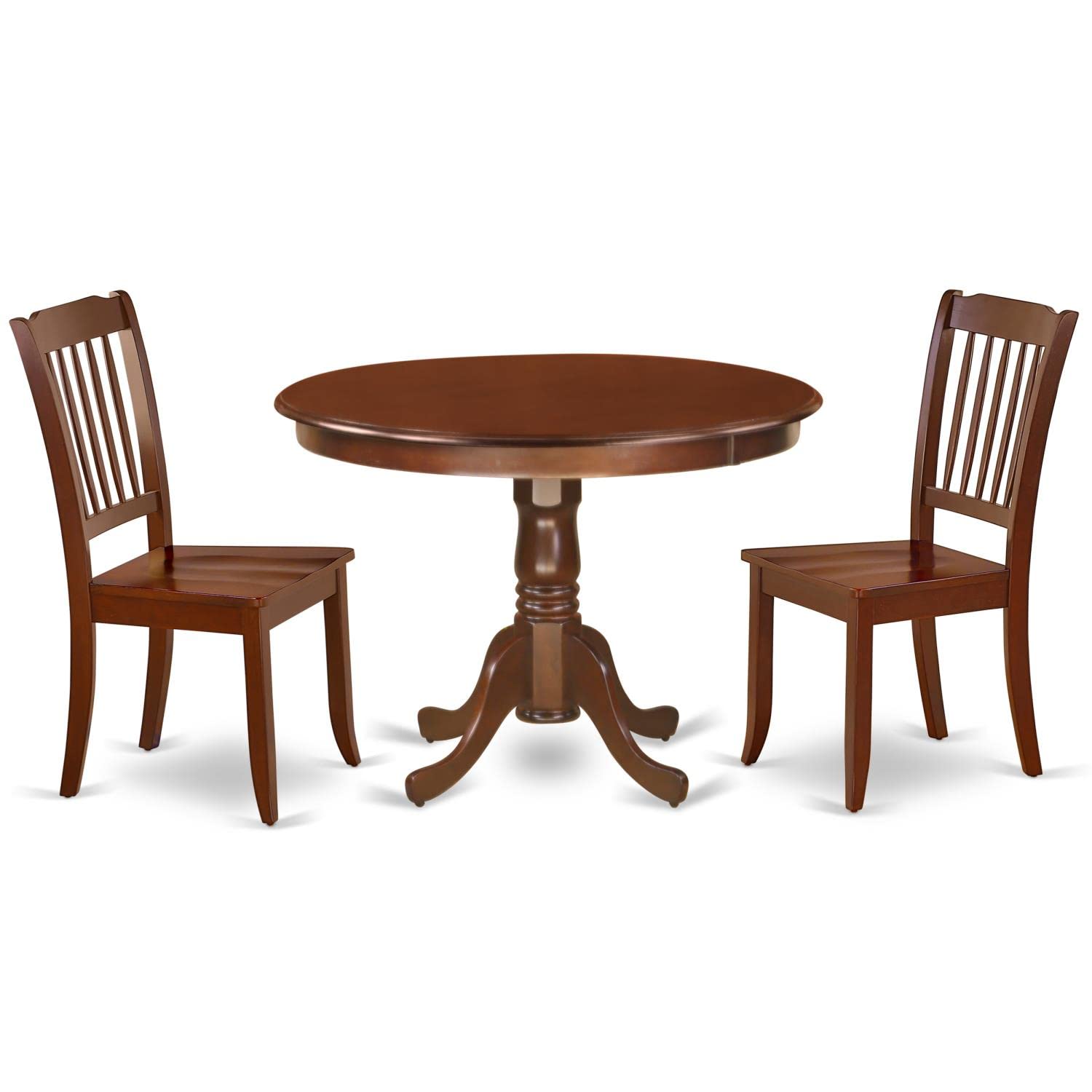 East West Furniture HLDA3-MAH-W 3 Piece Round Kitchen Table Set with Pedestal Base & 2 Chairs for Small Spaces - 42x42 Inch Mahogany Dining Set - Perfect for Apartments, Breakfast Nooks & Cozy Dining Areas
