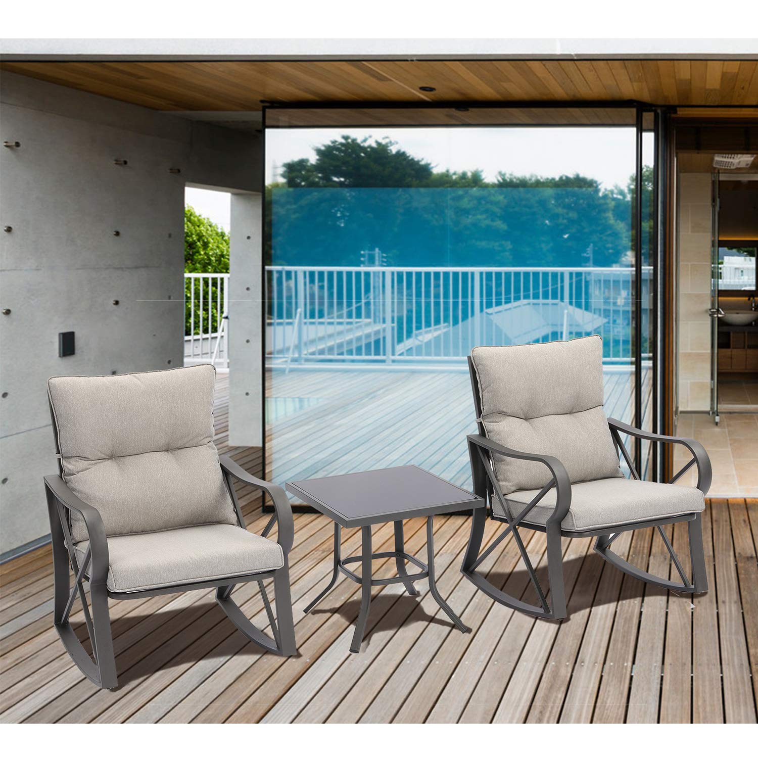 **SUNBURY Outdoor 3-Piece Rocking Bistro Set - Modern Patio Furniture with Warm Gray Cushions & Glass Coffee Table - Small Rocker Conversation Set for Garden, Backyard, Porch, or Balcony - Perfect for Relaxing, Entertaining, and Enjoying Outdoor Moments**