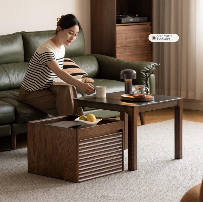 Solid Oak and Black Walnut Wood Rocking Coffee Table - Rustic Movable Side Table for Living Room, Patio, or Outdoor Use