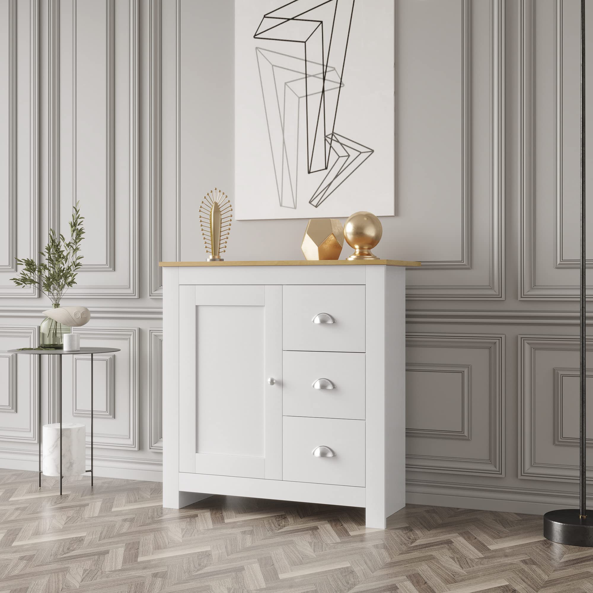 Melpomene White Small Storage Cabinet with 3 Drawers & 1 Door, Wood Top Buffet Cabinet for Dining Room, Kitchen, Living Room & Bedroom Organization