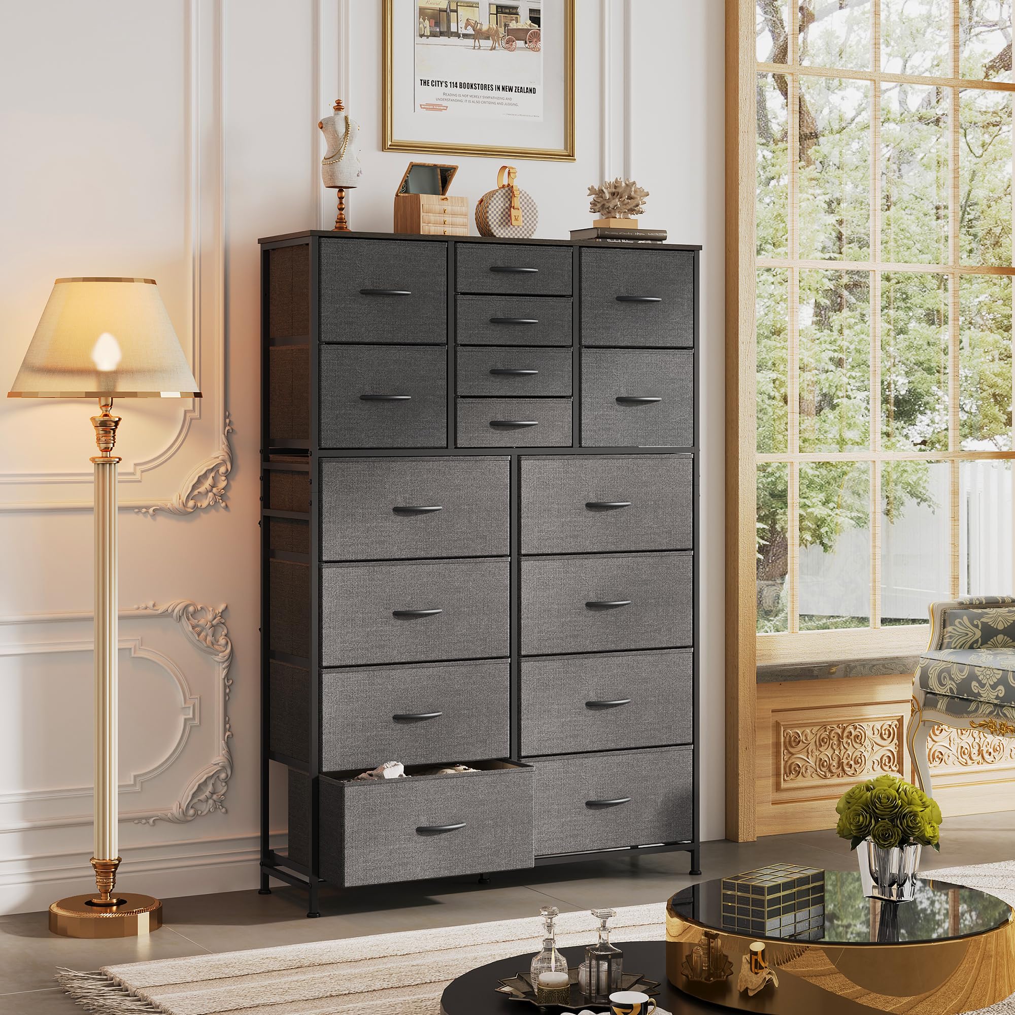 WLIVE 16-Drawer Fabric Storage Dresser - Tall Bedroom Dresser Organizer with Bins for Closet, Hallway & Living Room - Dark Grey Chest of Drawers for Home Organization & Space Saving
