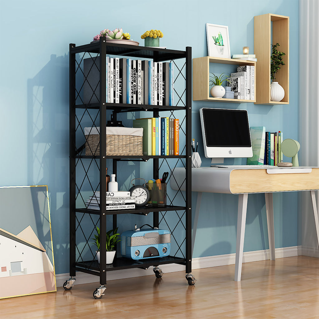 5-Tier Folding Storage Shelf with Wheels, 62.6 Inches Tall - Space-Saving Organizer for Closet, Garage, Kitchen & Office
