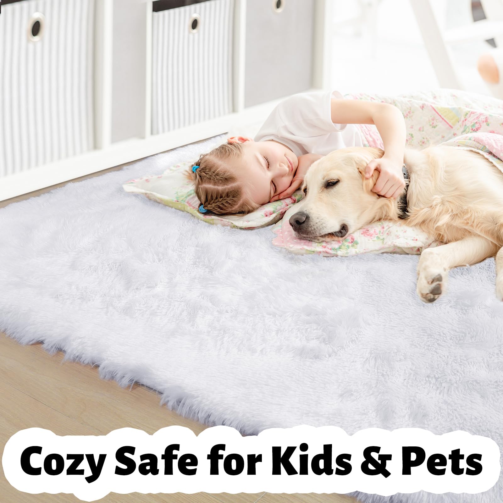 Soft White Fluffy Shag Rug 5x7 - Plush Furry Area Carpet for Living Room, Bedroom, Nursery & Kids Room - Ultra Soft Fuzzy Rug for Game Room, Play Room & Home Decor - Cozy & Comfortable Floor Mat for Relaxing & Lounging