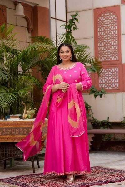 Stylish Pink Bandhani Anarkali Plus Size Kurti Dupatta Set of 2 - Elegant Indian Ethnic Outfit for Women, Perfect for Weddings, Festivals & Special Occasions