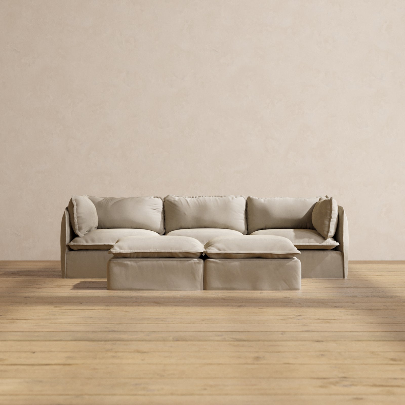 Modular Performance 3-Seater Sofa with Bench Ottoman in Dune Color | Modern L-Shaped Sectional Couch for Living Room | Perfect for Small Spaces, Family Gatherings and Movie Nights