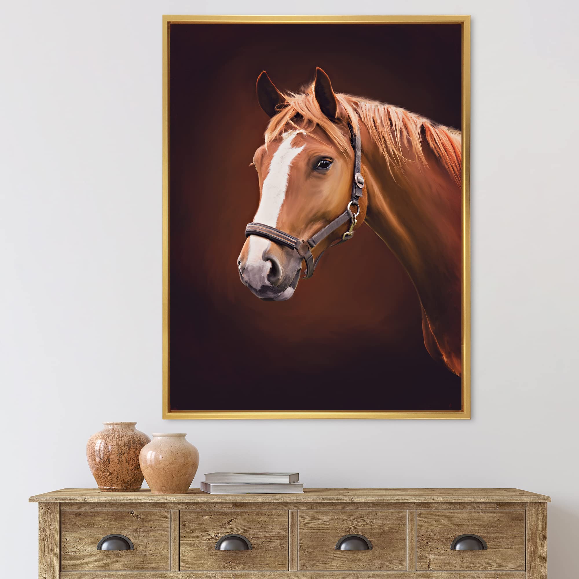 Brown Horse with White Nose Portrait II - Farmhouse Framed Canvas Wall Art Print for Living Room, Bedroom & Office Decor