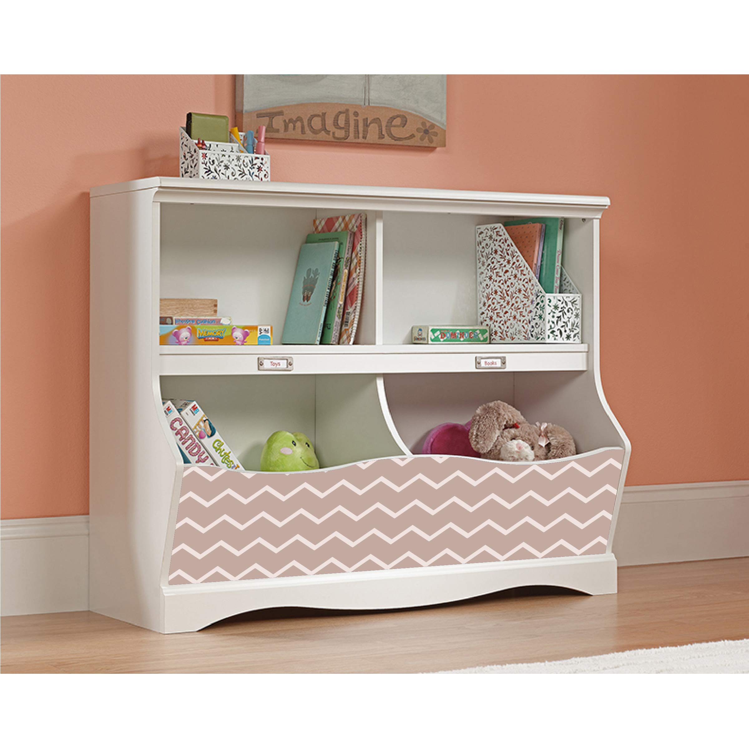 LifeSong Milestones Bookcase Footboard with Cubbyhole - Kids Book Storage Organizer, Toy Shelf for Playroom, Nursery & Bedroom - Soft White Chevron (Mauve) - Perfect for Organizing Toys, Books & Decor in Children's Rooms