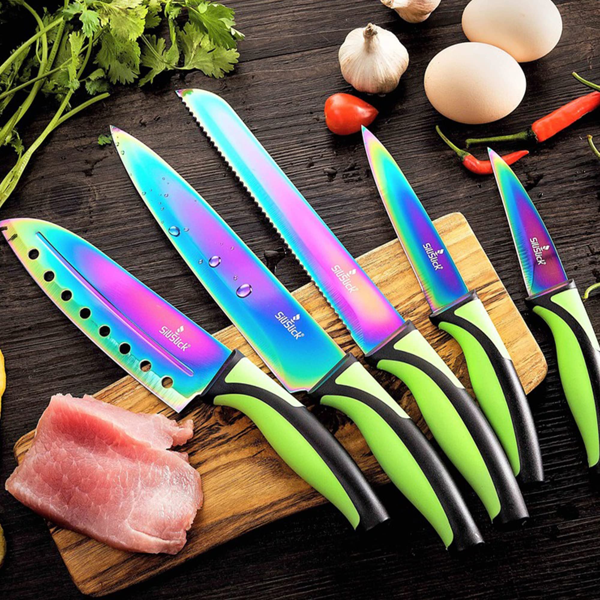 Premium 5-Piece Kitchen Knife Set with Sharpener & Magnetic Holder - Titanium Non-Stick Coated Stainless Steel, Dishwasher Safe - Perfect for Home Chefs, Cooking Enthusiasts & Professional Kitchens