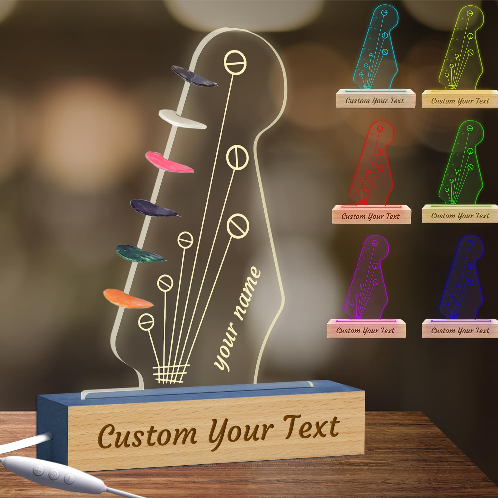 Custom Personalized Acrylic Guitar Pick Holder with Wooden Base - Engraved Name & LED Light - Headstock Shaped Plectrum Display for Musicians & Gift Ideas - Perfect for Stage Performances, Music Studios & Guitar Enthusiasts