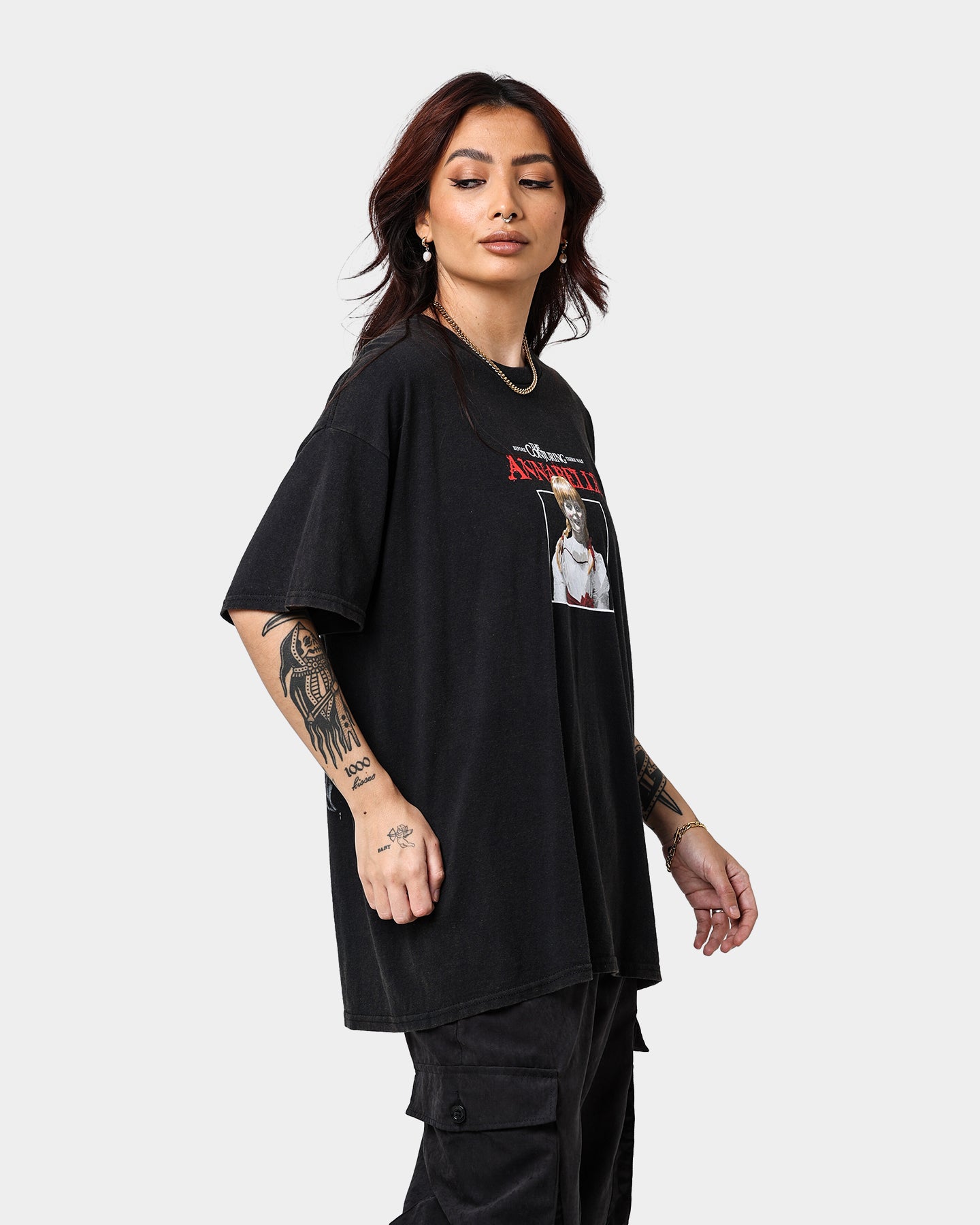 Vintage Annabelle Graphic T-Shirt - Black Washed Cotton Tee for Women | Retro Style Casual Wear for Everyday Outfits & Street Fashion