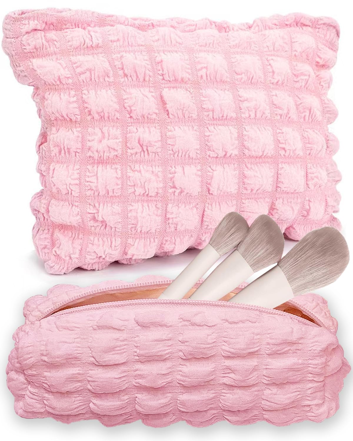 2Pcs Pink Cloud Checkered Makeup Bags for Women - Travel Cosmetic & Toiletry Organizer Set - Small Cute Purse Accessories - Perfect Gift for Her - Great for Daily Use, Traveling, and Gifting