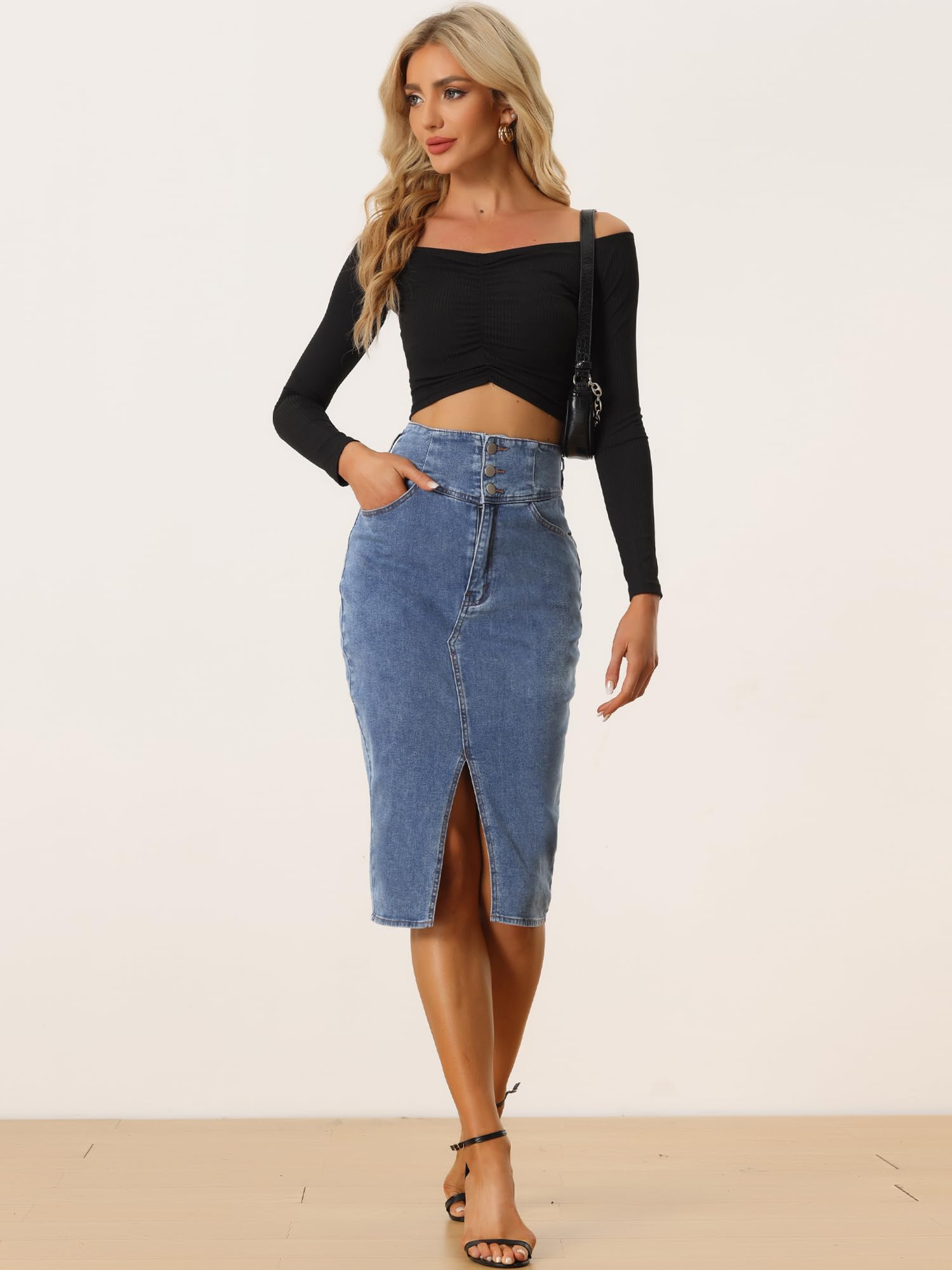 Allegra K Women's High Waist Denim Pencil Skirt - Casual Midi Length with Split Hem | Perfect for Office, Date Night & Summer Outfits