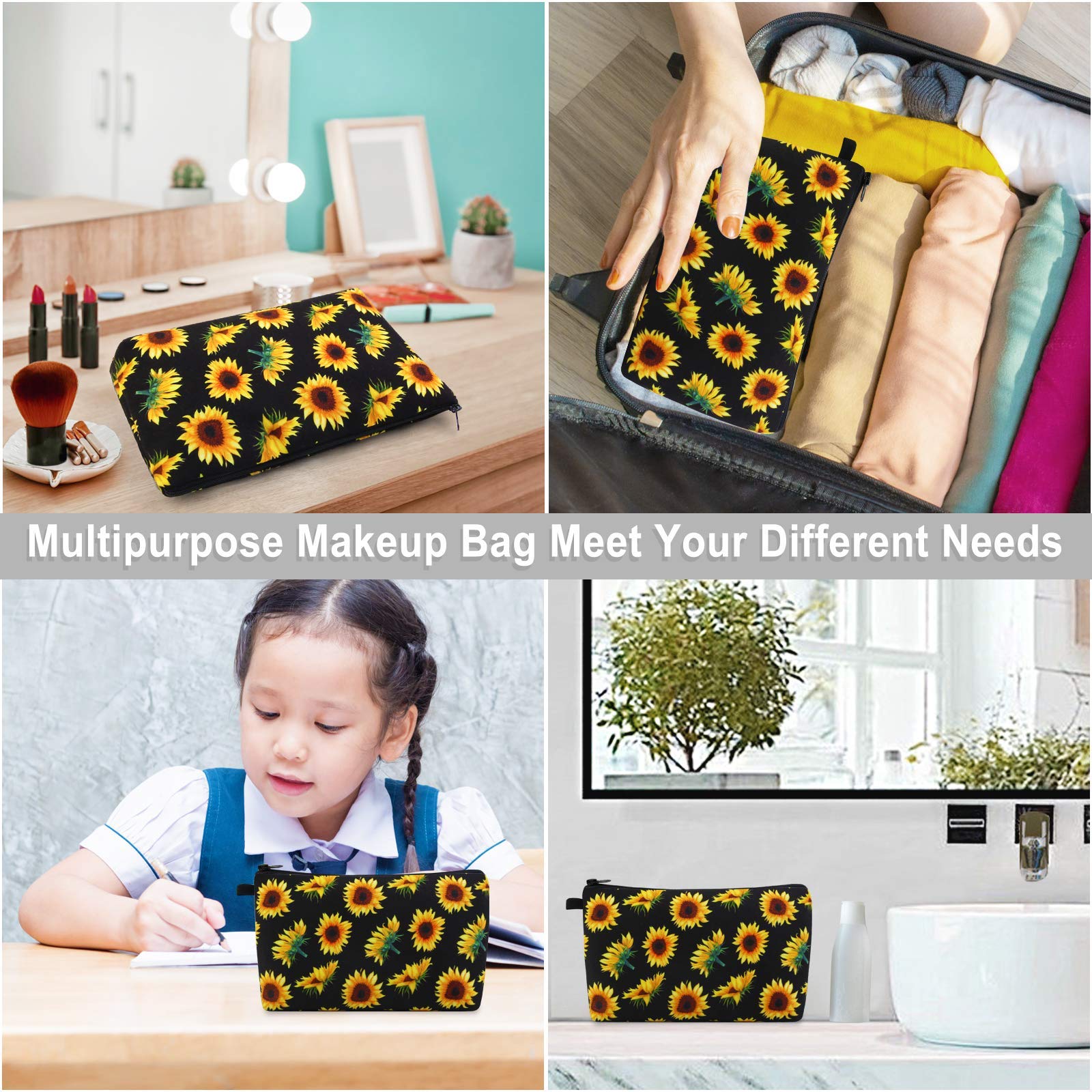 Waterproof Sunflower Makeup Bag for Women - Portable Travel Cosmetic Pouch with Black Zipper, Multifunctional Small Organizer (1 Pack) | Perfect for Travel, Gym & Daily Essentials Storage