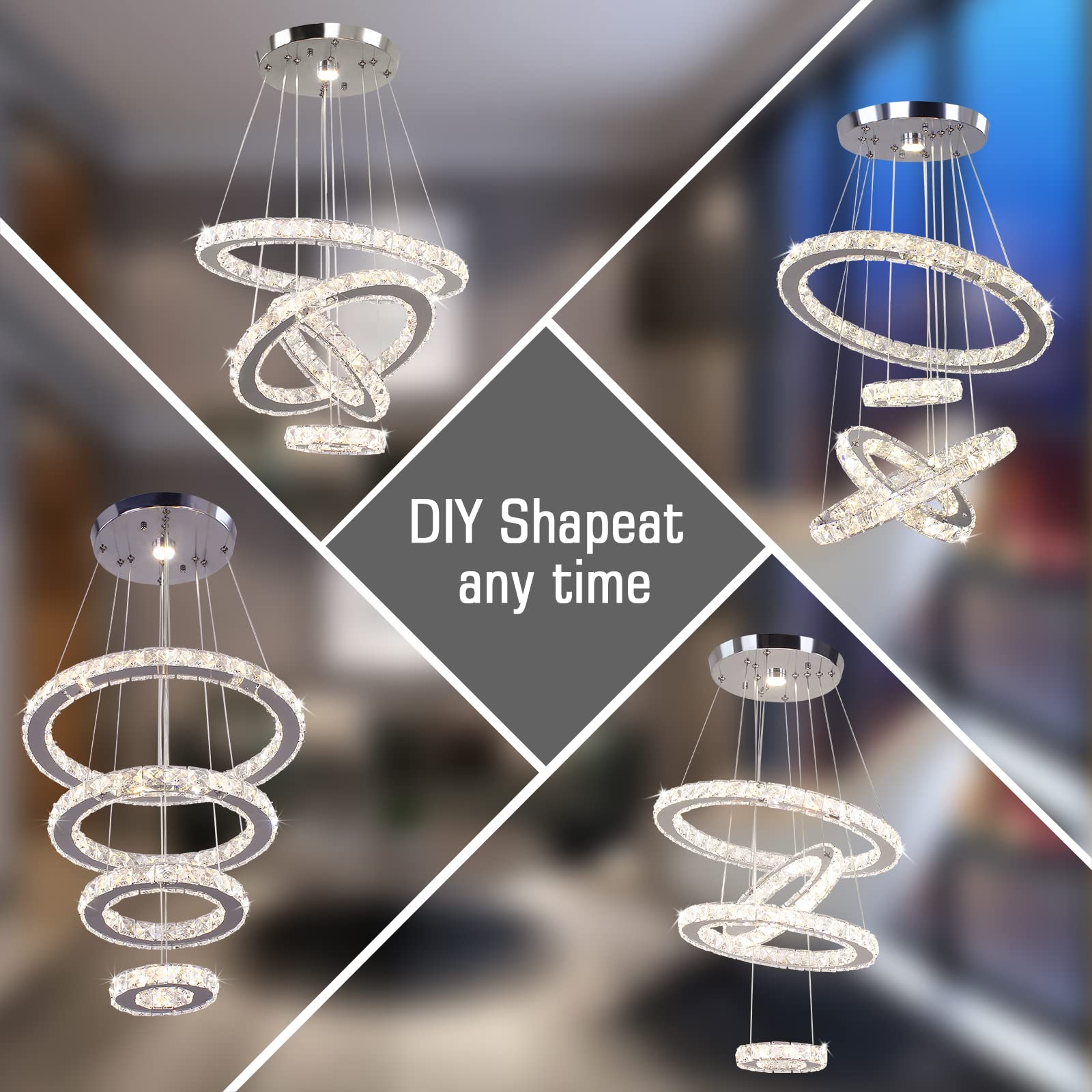 Modern LED Crystal Chandelier - Adjustable Stainless Steel Pendant Light Fixture with Dimmable Rings for Living Room, Dining Room, Bedroom | Elegant Home Lighting for Parties, Weddings & Luxury Interior Decor
