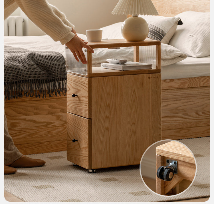 Solid Oak Wood Nightstand with Wheels and Built-in Light - Narrow Bedside Table for Small Spaces - Perfect for Bedrooms, Dorms, and Apartments