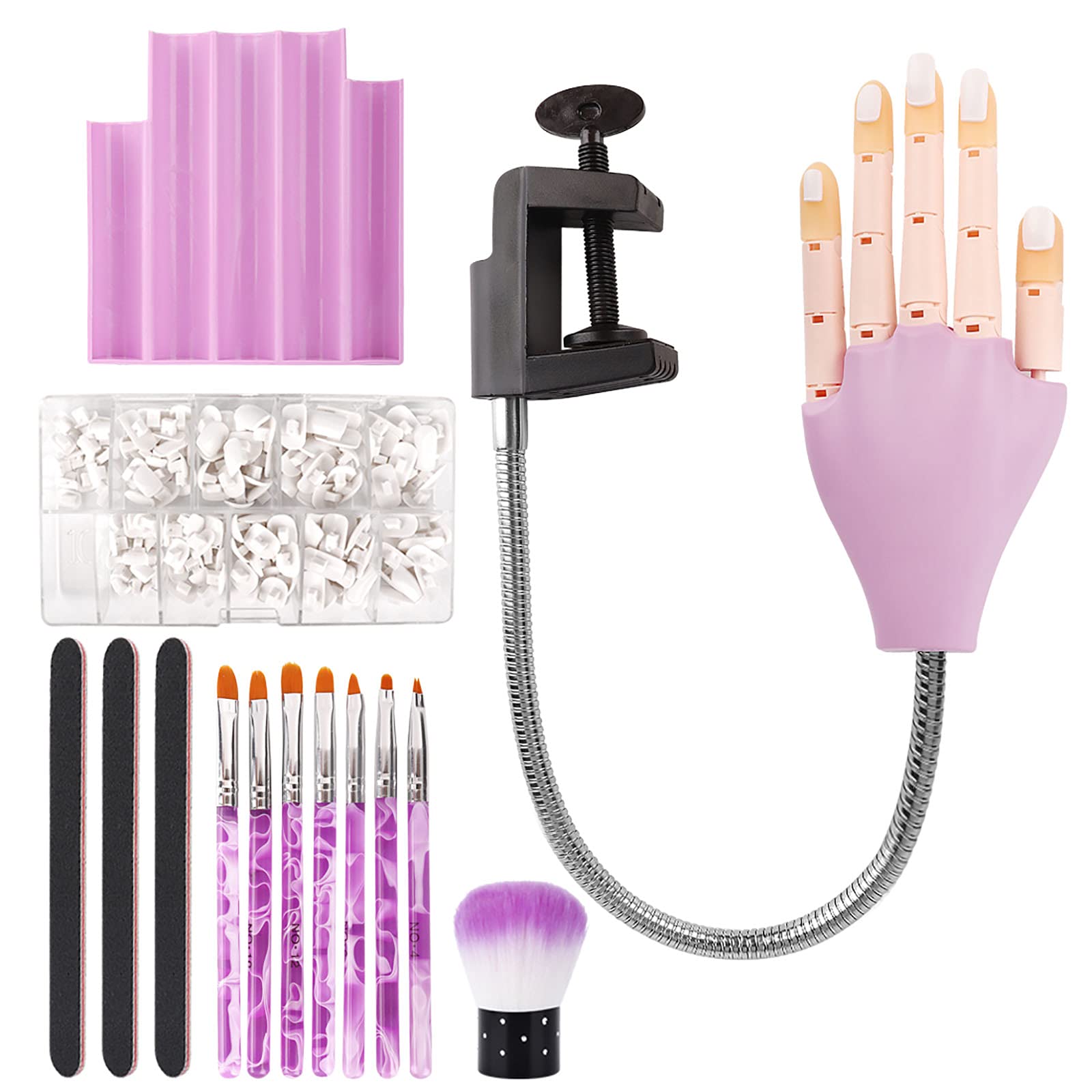 Professional Manicure Practice Hand Kit - Flexible Reusable Bendable Finger Model with 200 Nail Tips, Nail File & Brush - Perfect for Nail Tech Training, Salon Practice & DIY Nail Art at Home