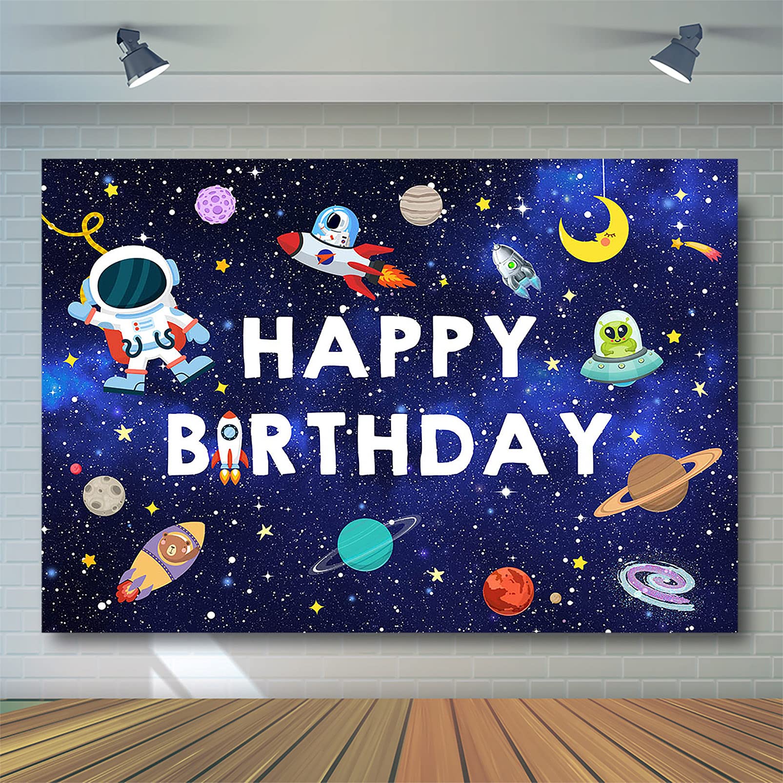 Outer Space Happy Birthday Backdrop for Boys - Blue Planet Galaxy Photography Background (8x6ft) - Perfect for Universe Themed Birthday Parties & Photoshoots