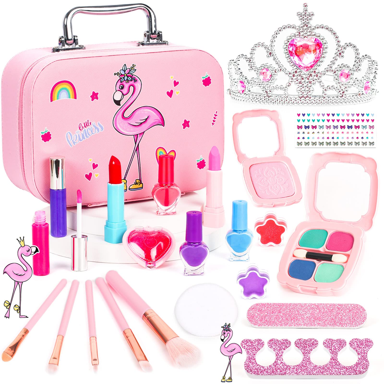 Washable Kids Makeup Kit for Girls Ages 4-8 - Princess Pretend Play Cosmetic Set with Cute Flamingo Case - Perfect Christmas Birthday Gift for Toddler Girls | Dress Up, Role Play & Party Fun