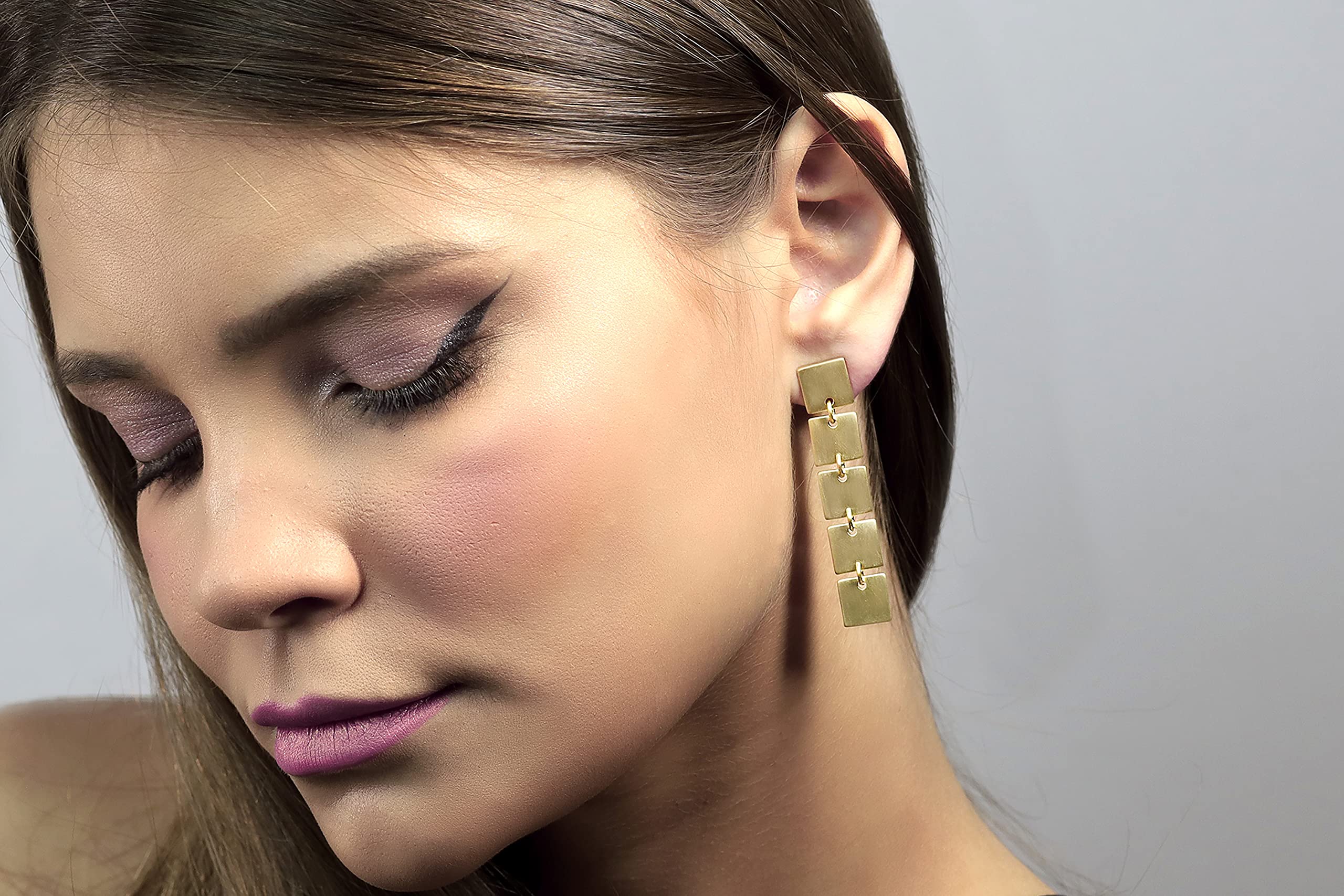 Handmade Geometric Gold Square Earrings - Long Brushed Matte Solid Gold Dangle Earrings for Women - Perfect for Bridal, Wedding, Party & Everyday Wear