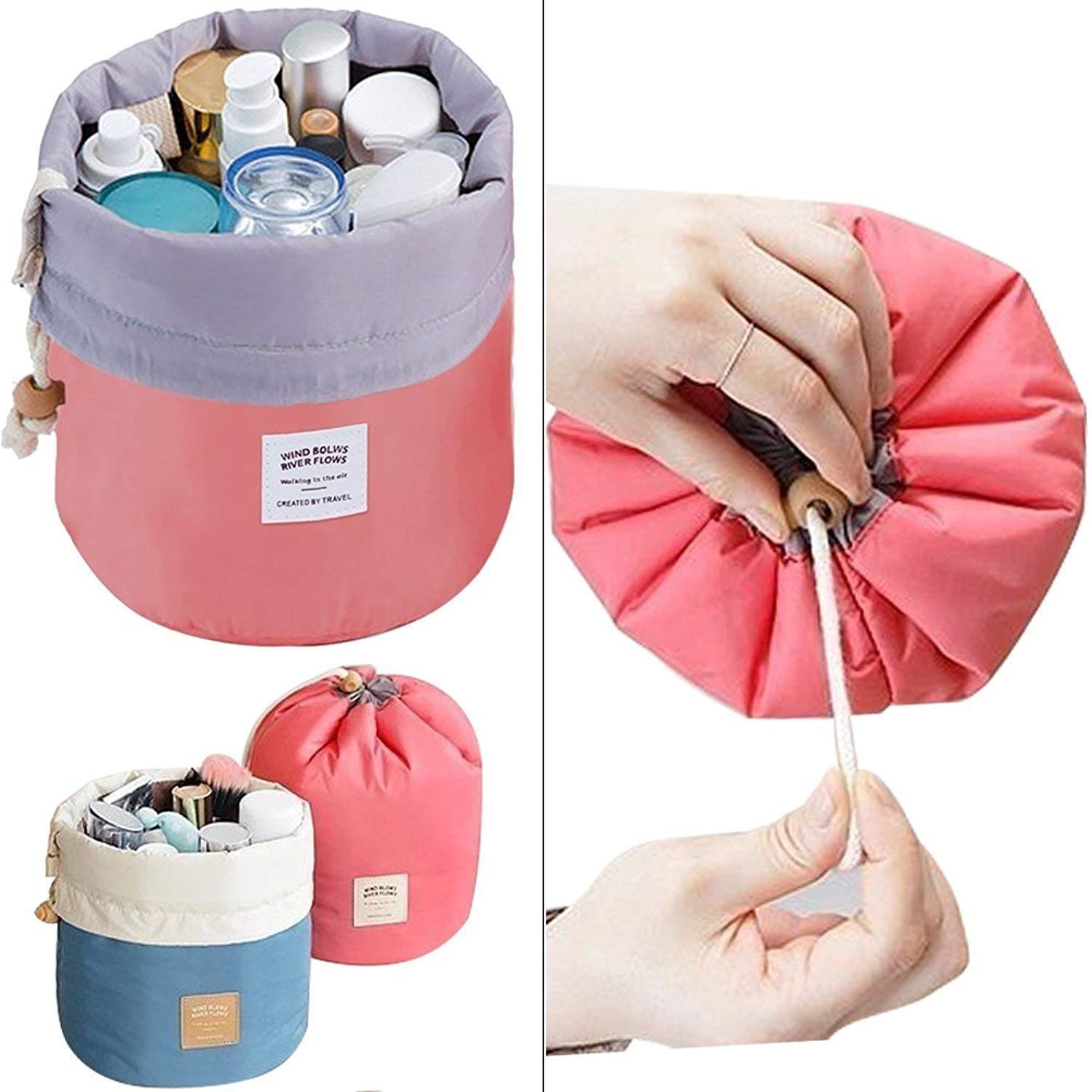 MBUYS Mall Waterproof Bucket Barrel Shaped Cosmetic Pouch | Round Makeup Bag Travel Organizer Case (Multi-Color) | Perfect for Travel, Gym & Daily Beauty Storage