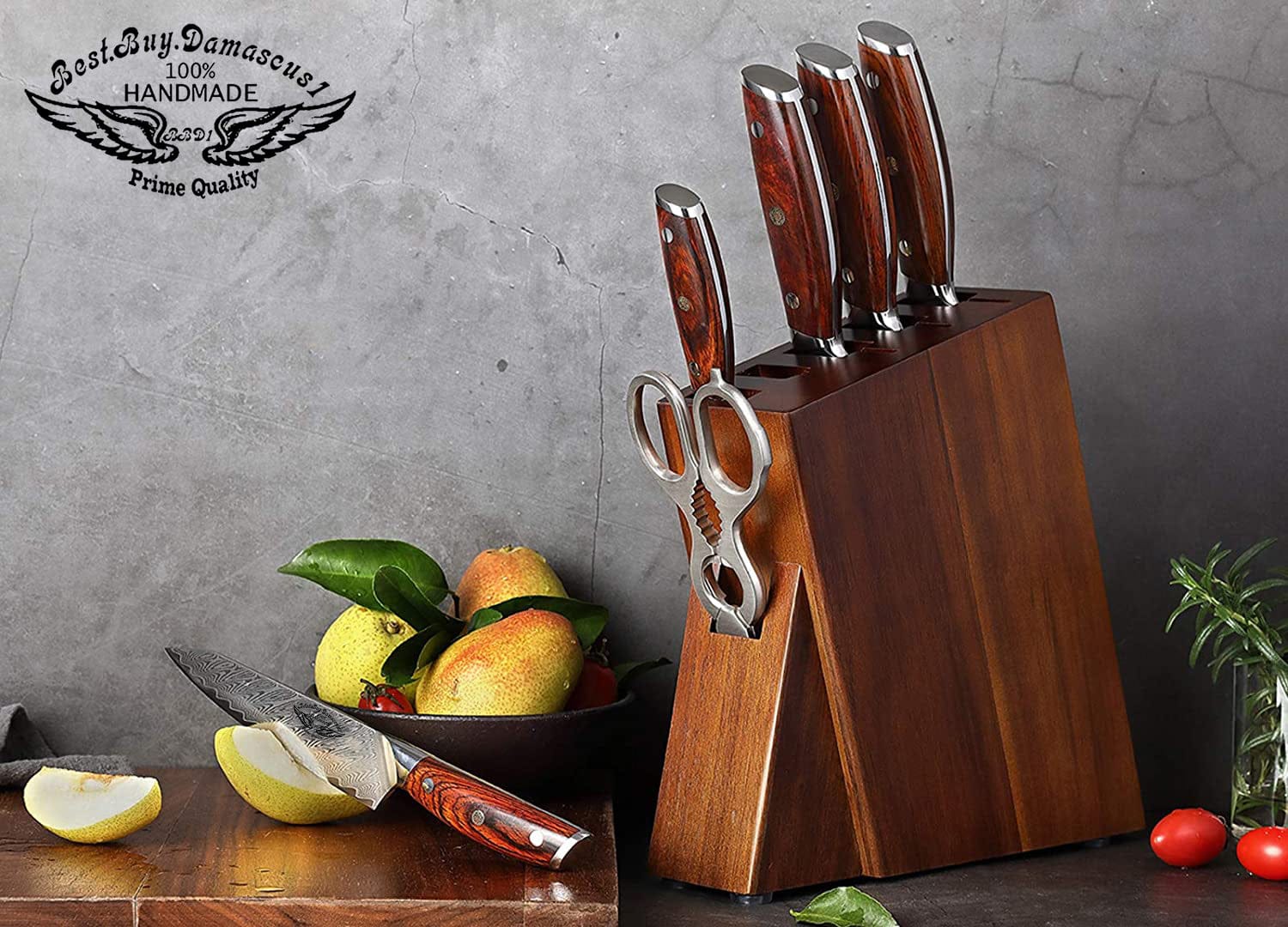 7-Piece Professional Damascus Steel Kitchen Knife Set with Wooden Block - Chef Knife, Santoku, Bread & Utility Knives for Cooking, Slicing & Food Prep | Perfect for Home Chefs & Professional Kitchens