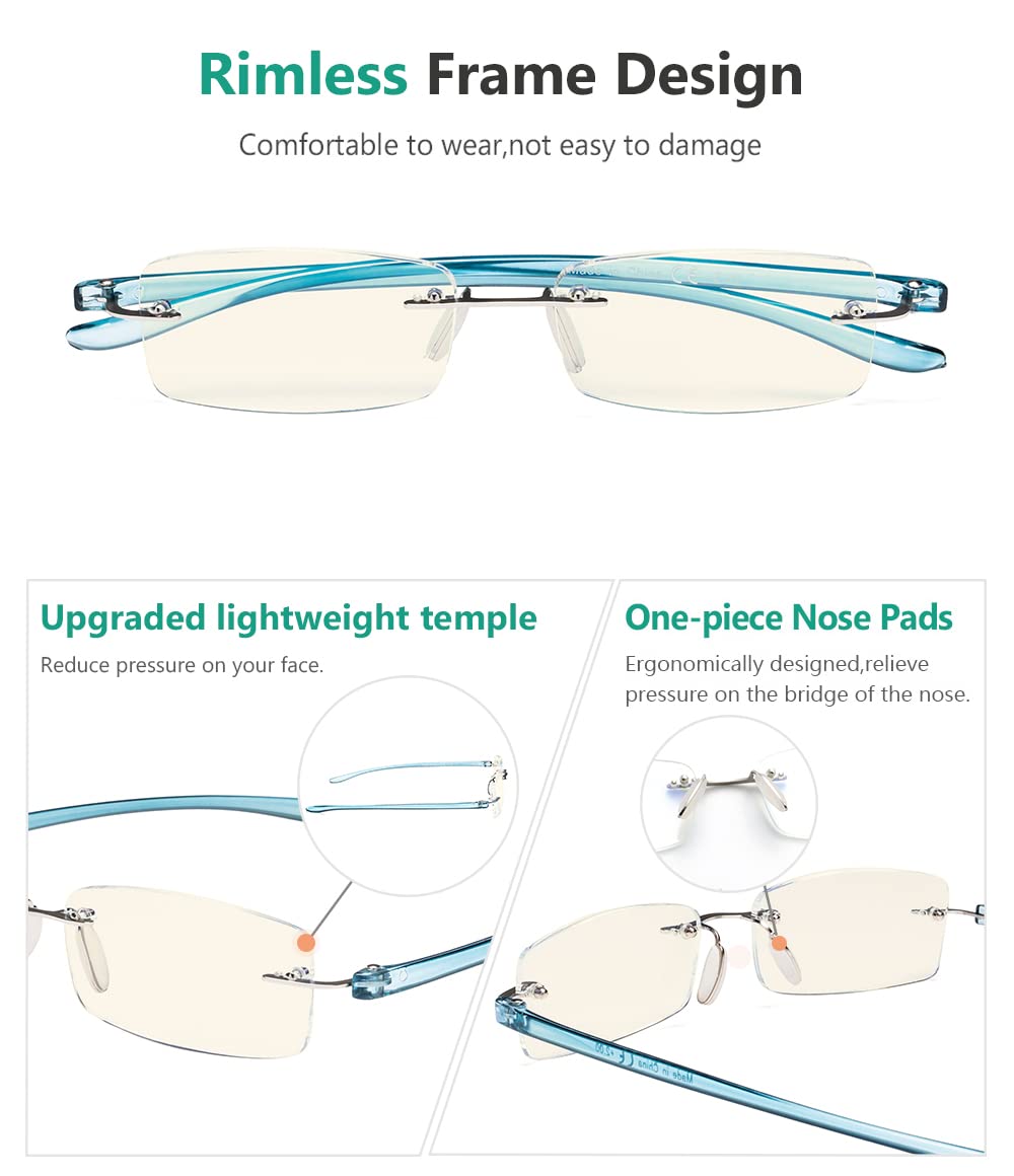 Blue Light Blocking Rimless Reading Glasses for Women - Lightweight Frameless Readers with Blue Arms (2-Pack) - Perfect for Computer Work, Reading & Nighttime Eye Strain Relief