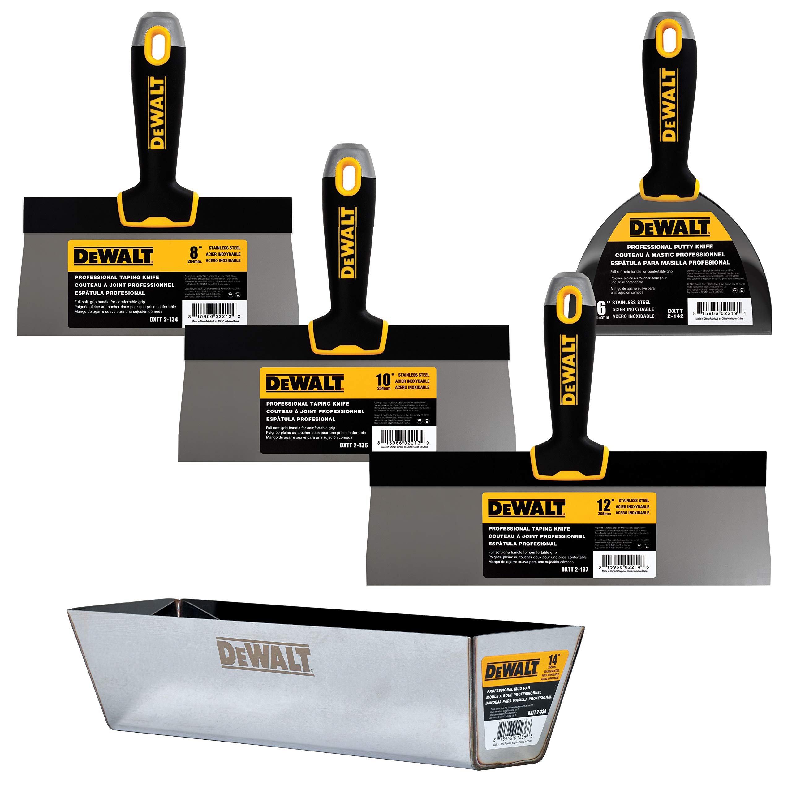 **DEWALT 8,10,12 Inch Stainless Steel Taping Knife & 14 Inch Mud Pan Set with 6