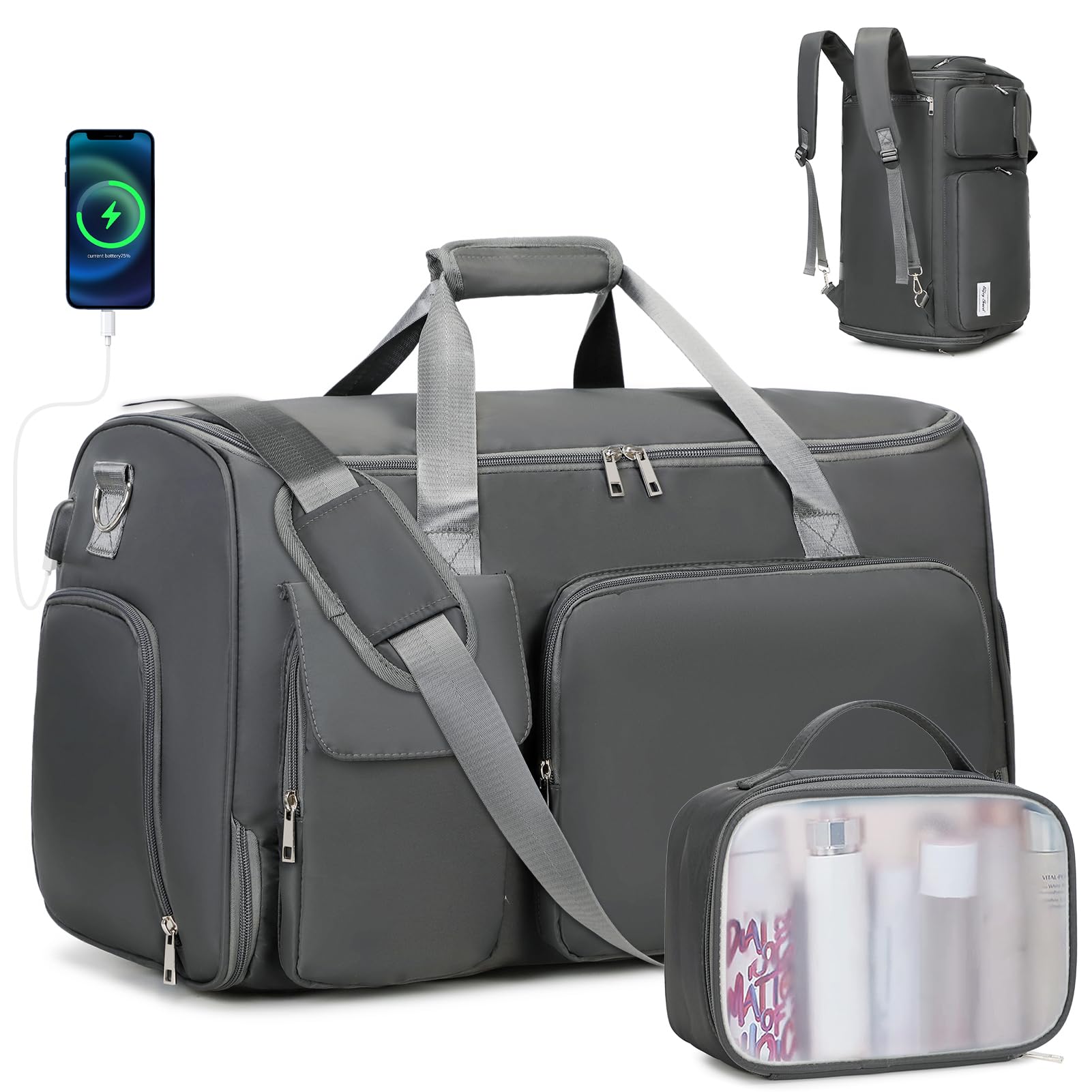2 in 1 Convertible Travel Garment Bag - Foldable Carry On Duffle Backpack with Shoe Compartment & Toiletry Pouch | Hanging Suitcase for Men & Women | Perfect for Business Trips, Weddings & Airplane Travel (Grey)