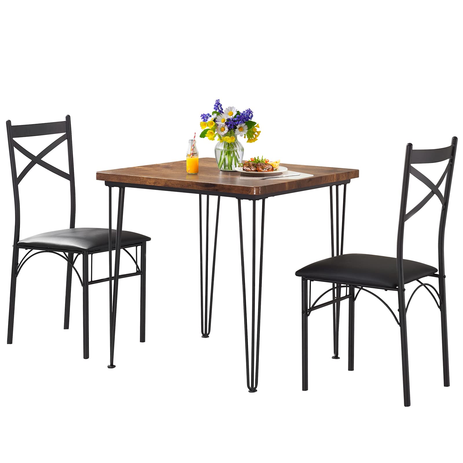 VECELO 3-Piece Small Space Dining Table Set with PU Cushion Chairs, Classic Brown - Perfect for Breakfast Nooks, Studio Apartments & Cozy Kitchenettes (Seats 2)