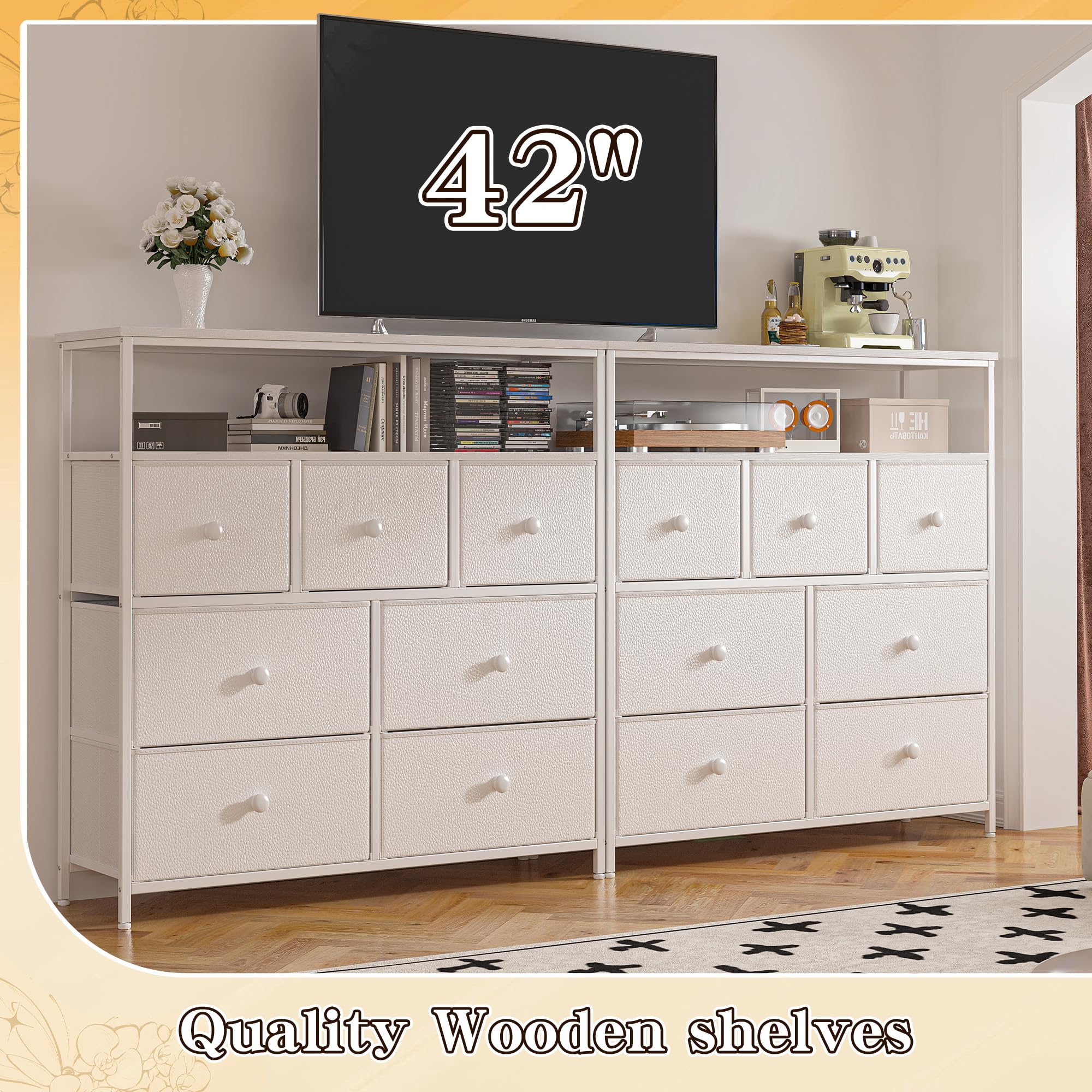 7-Drawer White Dresser with 2 Shelves & Wooden Top - Tall Bedroom Storage Cabinet, TV Stand & Closet Organizer - Sturdy Metal Frame Chest of Drawers for Home, Office, or Dorm Room Organization