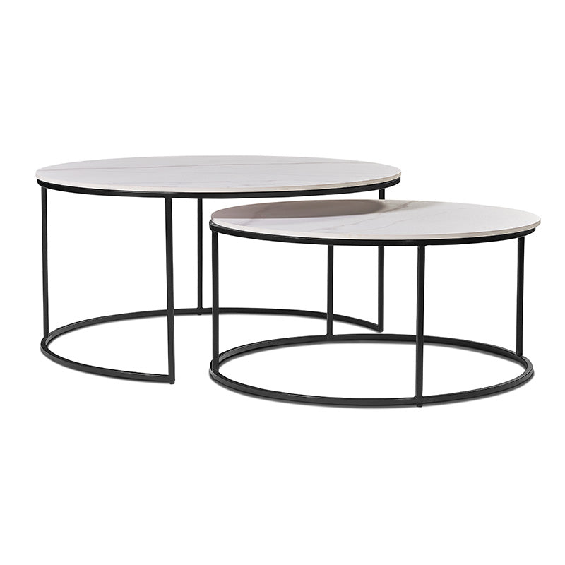 BRANDI Nest of 2 Tables - 75cm & 90cm White Ceramic Marble Coffee Side Tables - Perfect for Living Room, Bedroom or Office Decor
